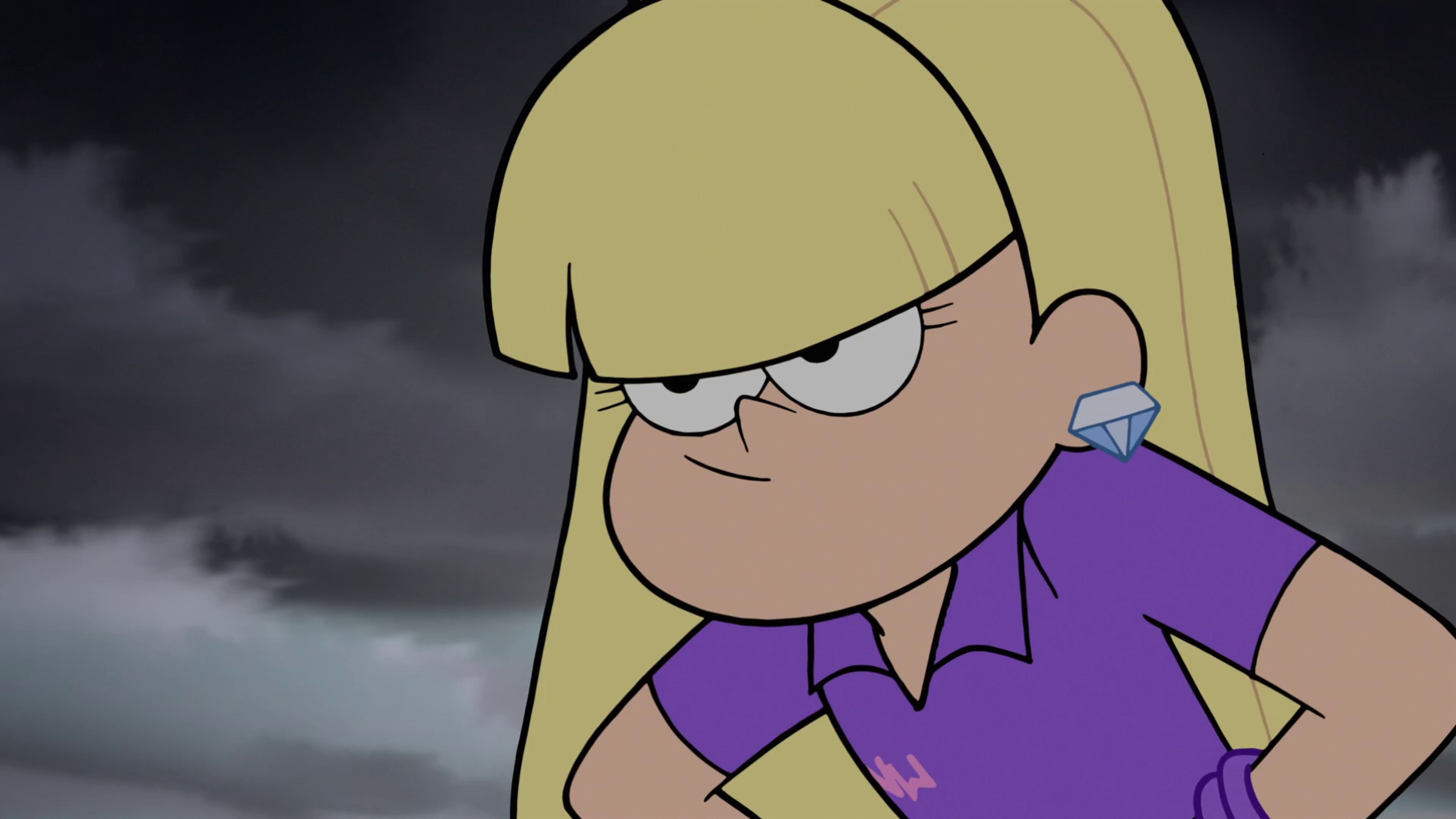 An animated character with blonde hair in a ponytail, wearing a purple shirt and looking annoyed.