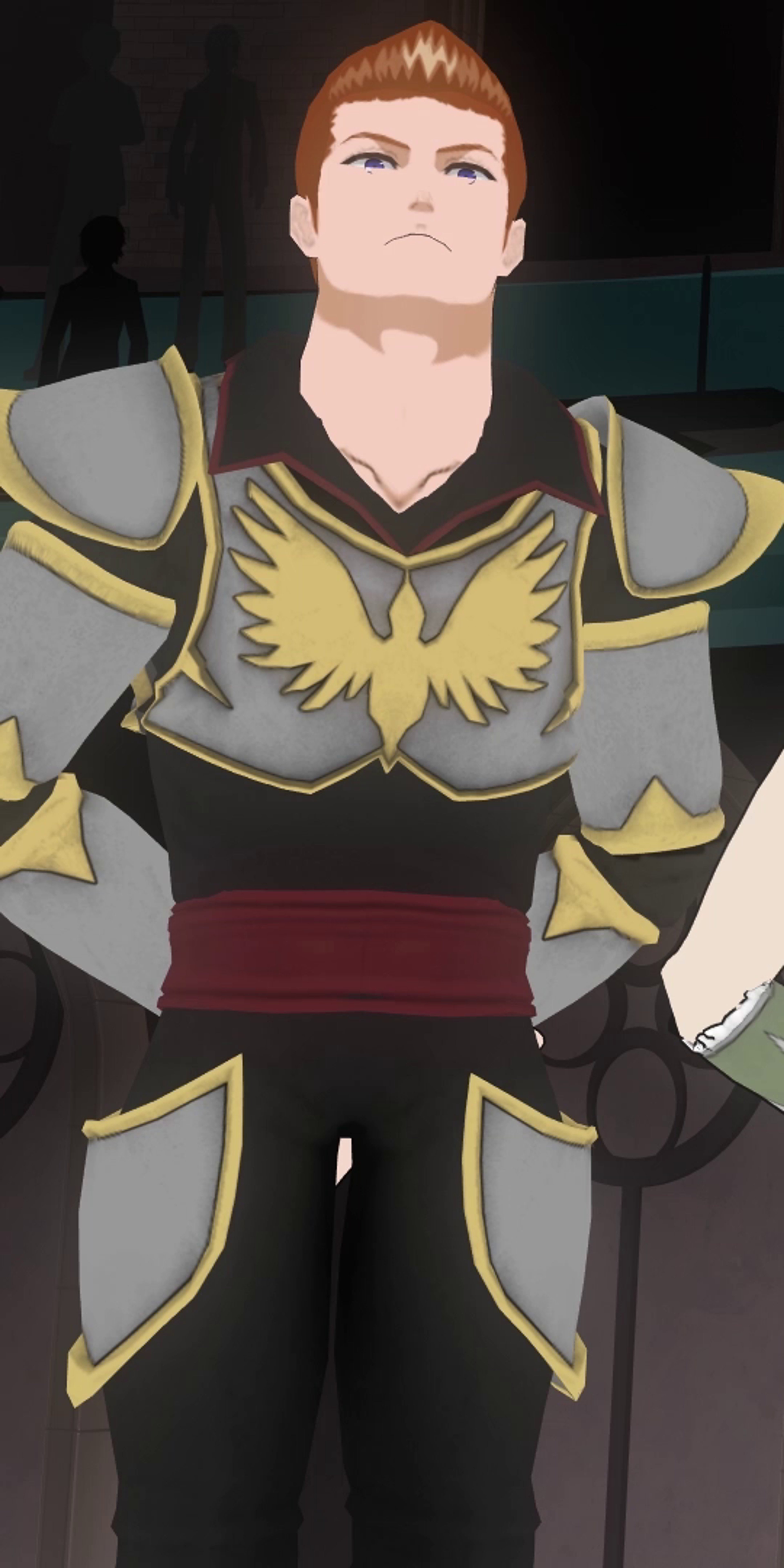 A male character in gray and gold armor with a winged emblem on the chest, in a fighting stance.