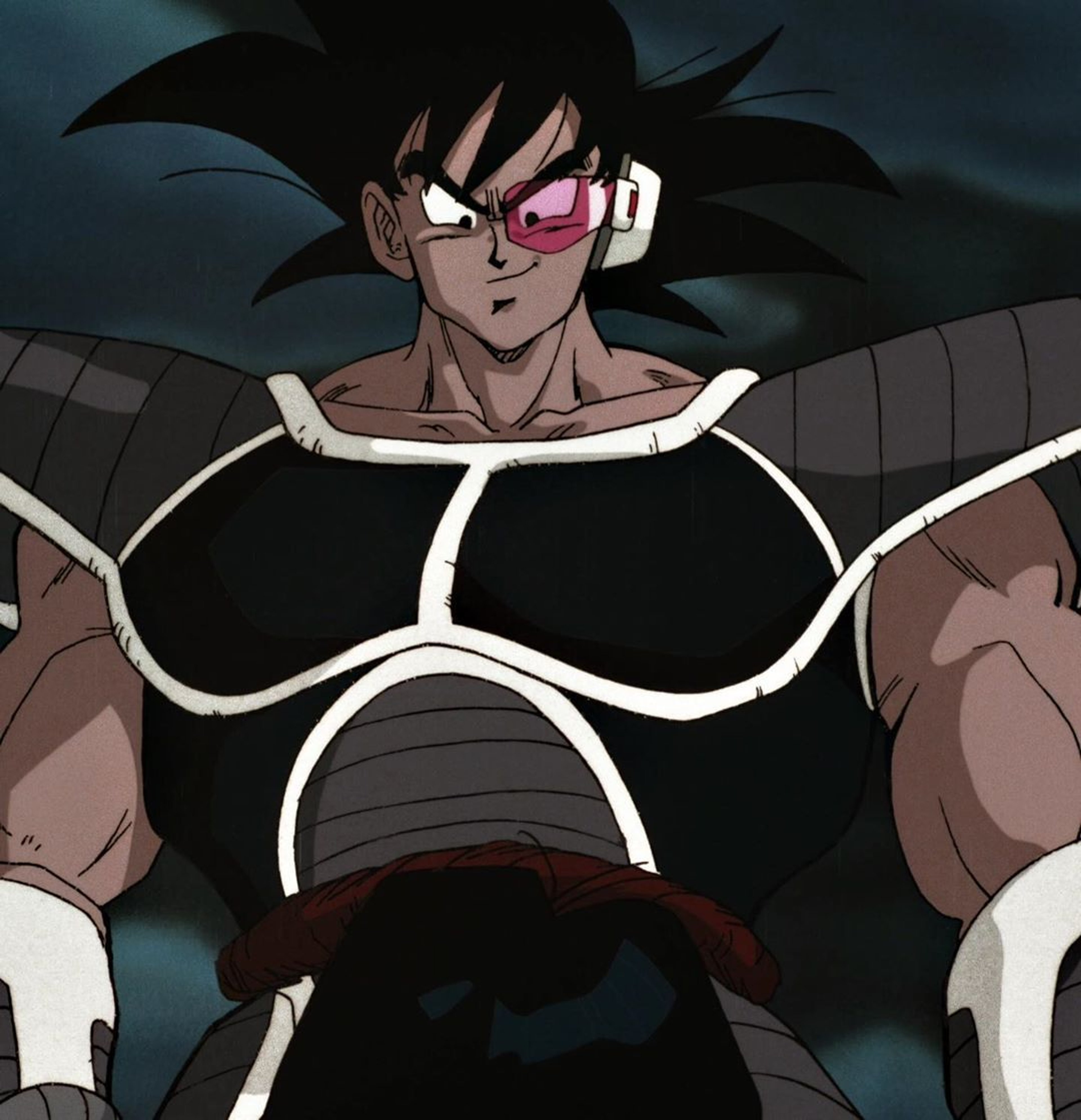 A powerful, muscular male character with spiky black hair and red eyes, wearing intricate armor or clothing.