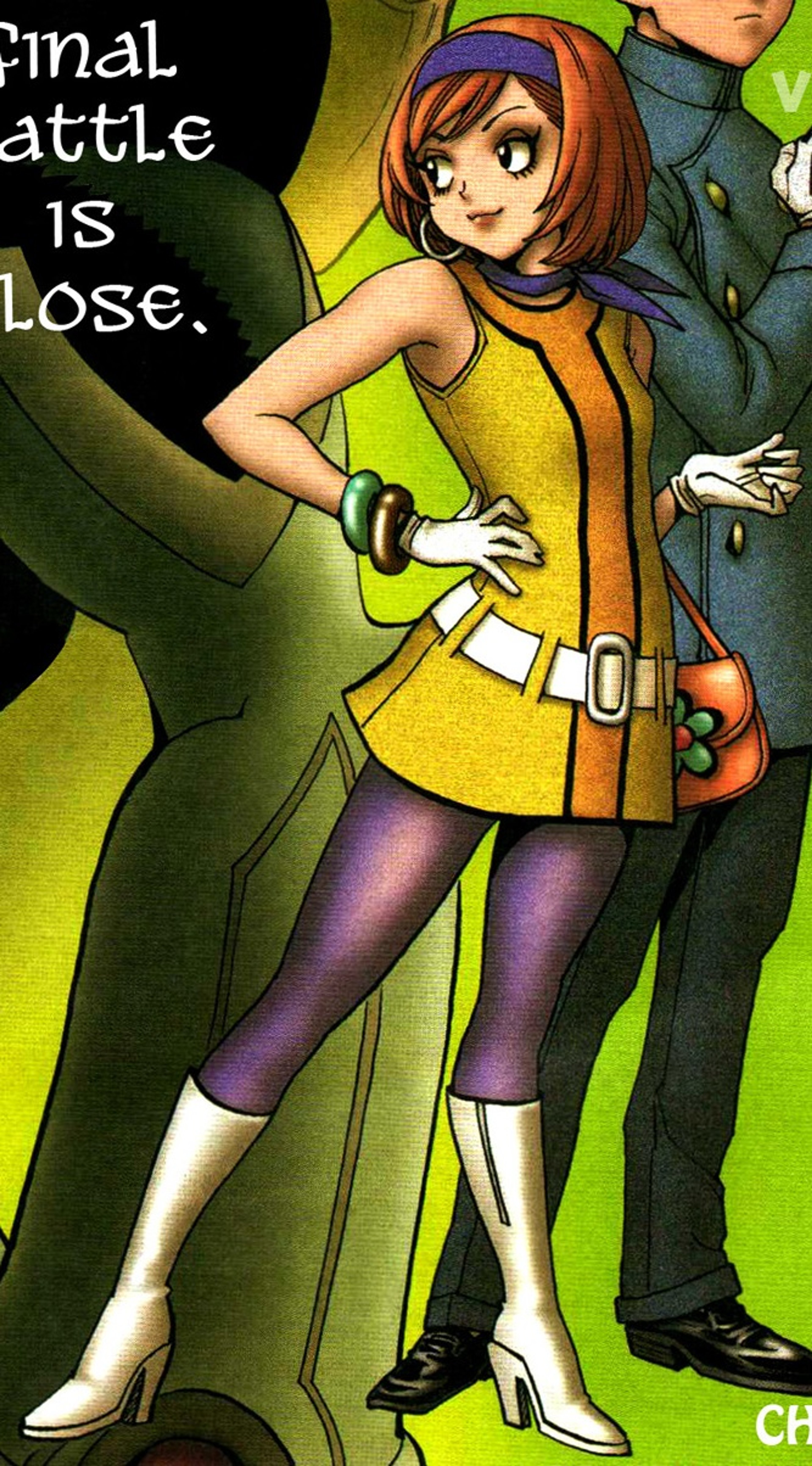 A young woman in a yellow outfit standing in front of a man in a green outfit