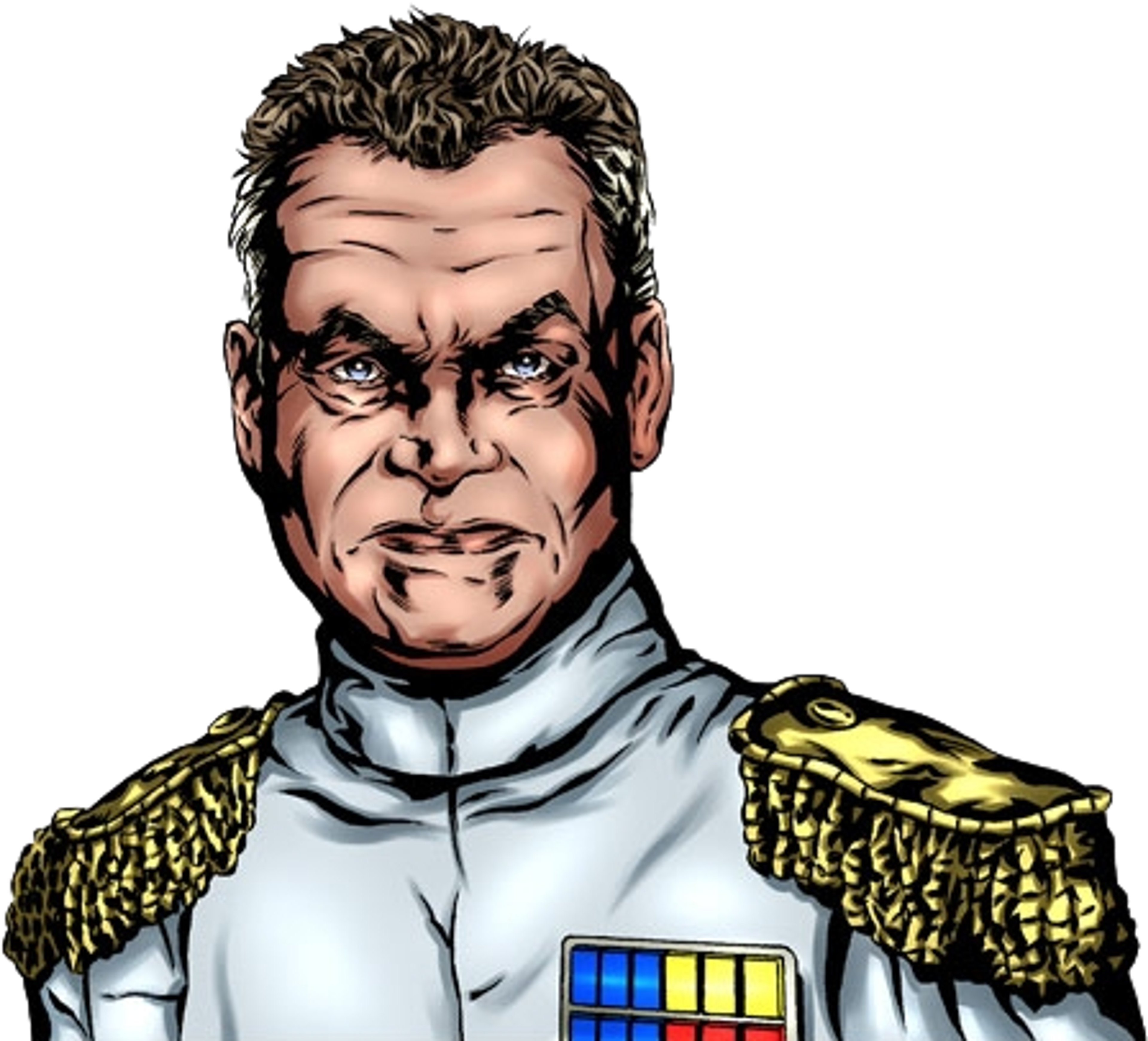 A middle-aged man in a military uniform with a stern expression