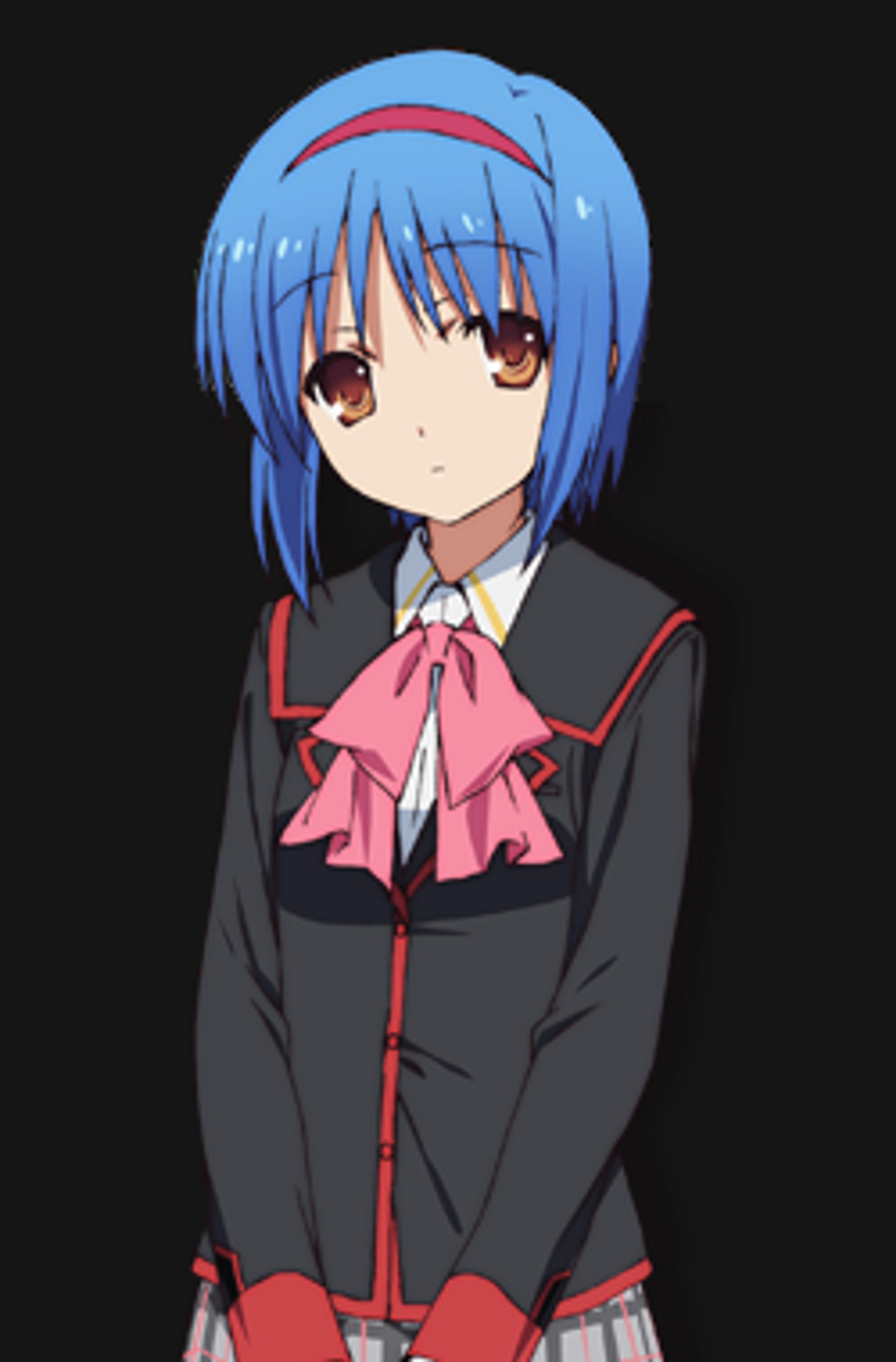 An anime-style character with blue hair wearing a school uniform and holding a parasol