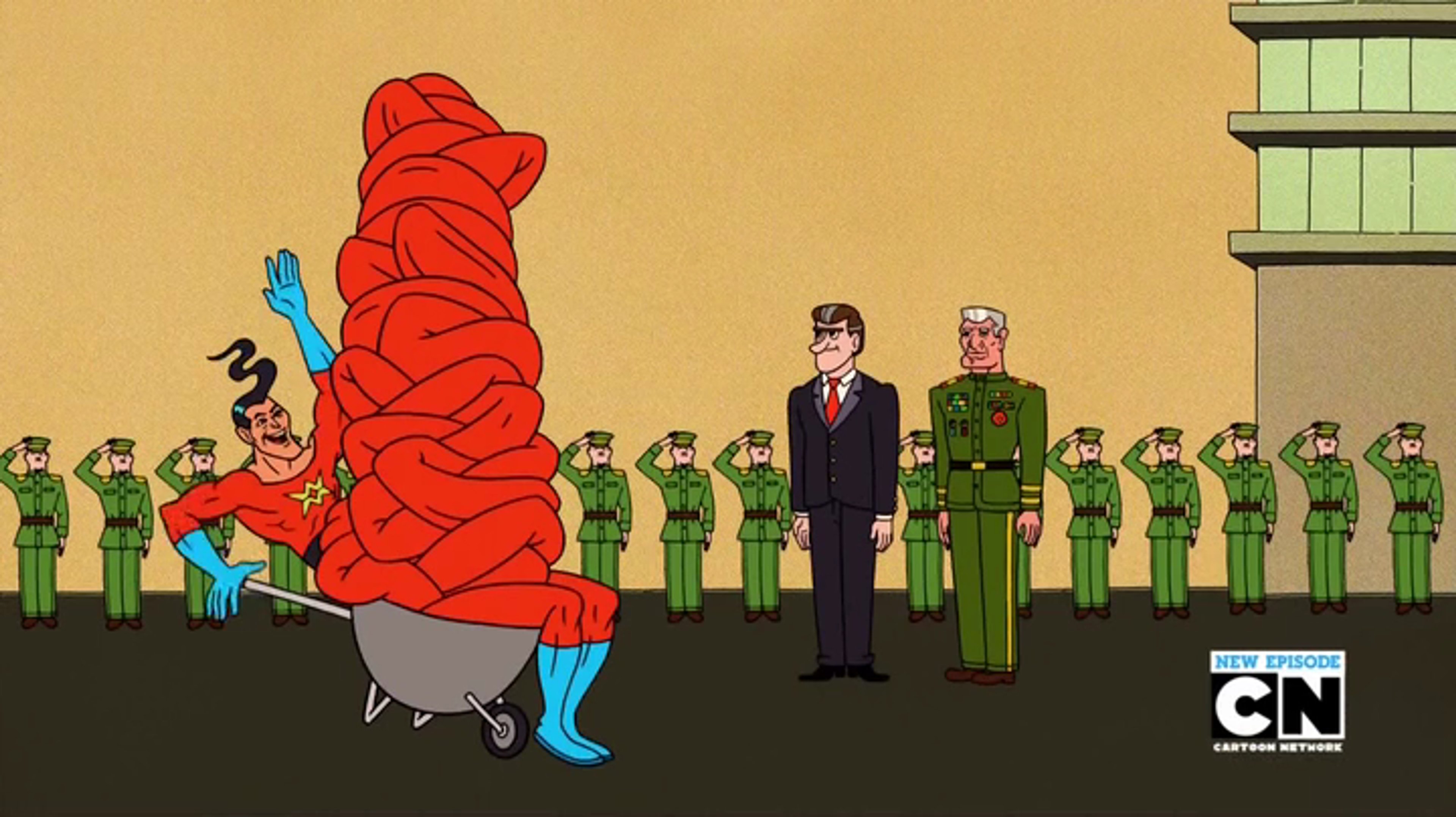 A tall, lanky, red-hooded figure standing in front of a group of military-style figures