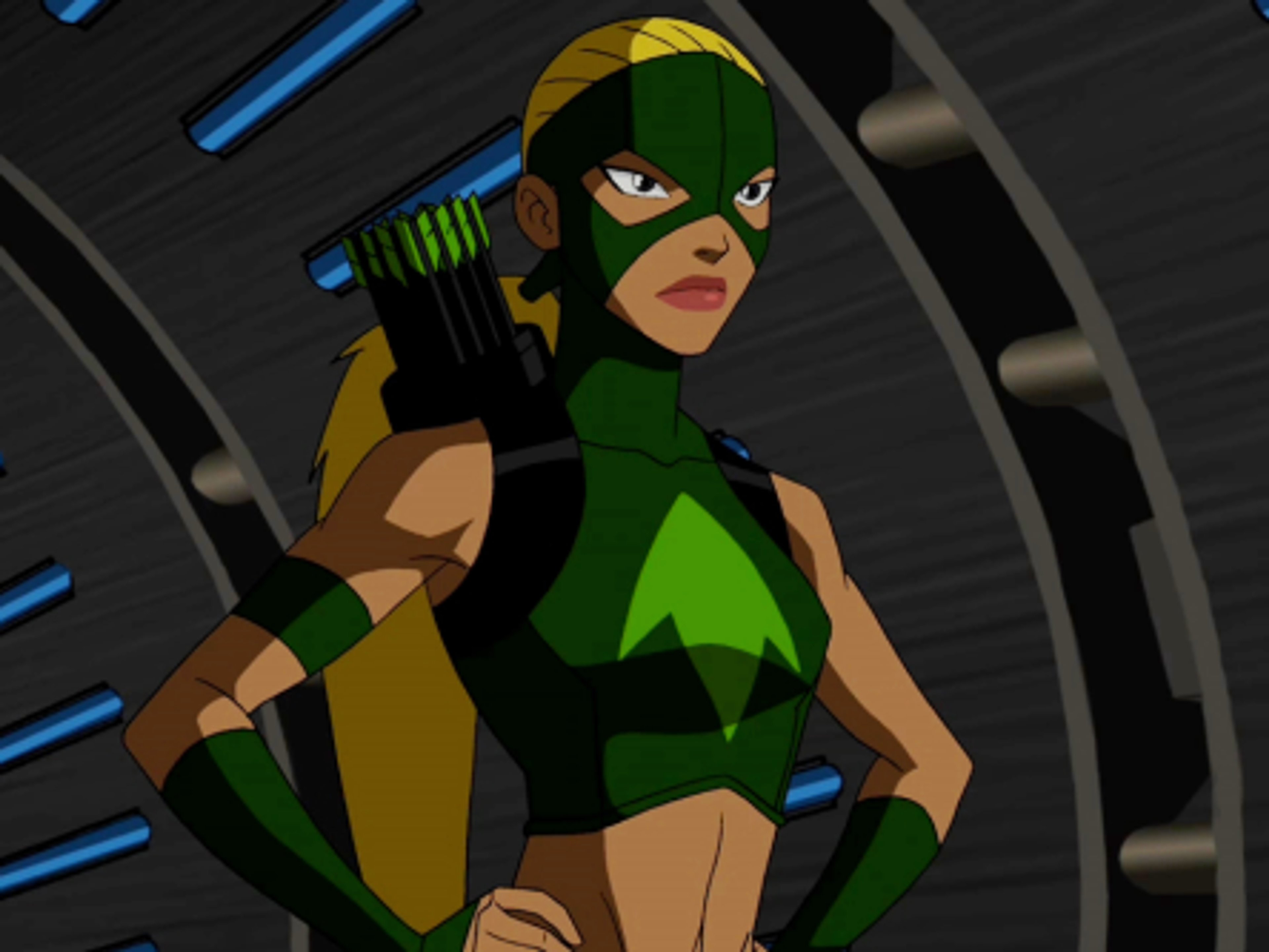 A female character in a green and yellow superhero costume holding a bow and arrow.