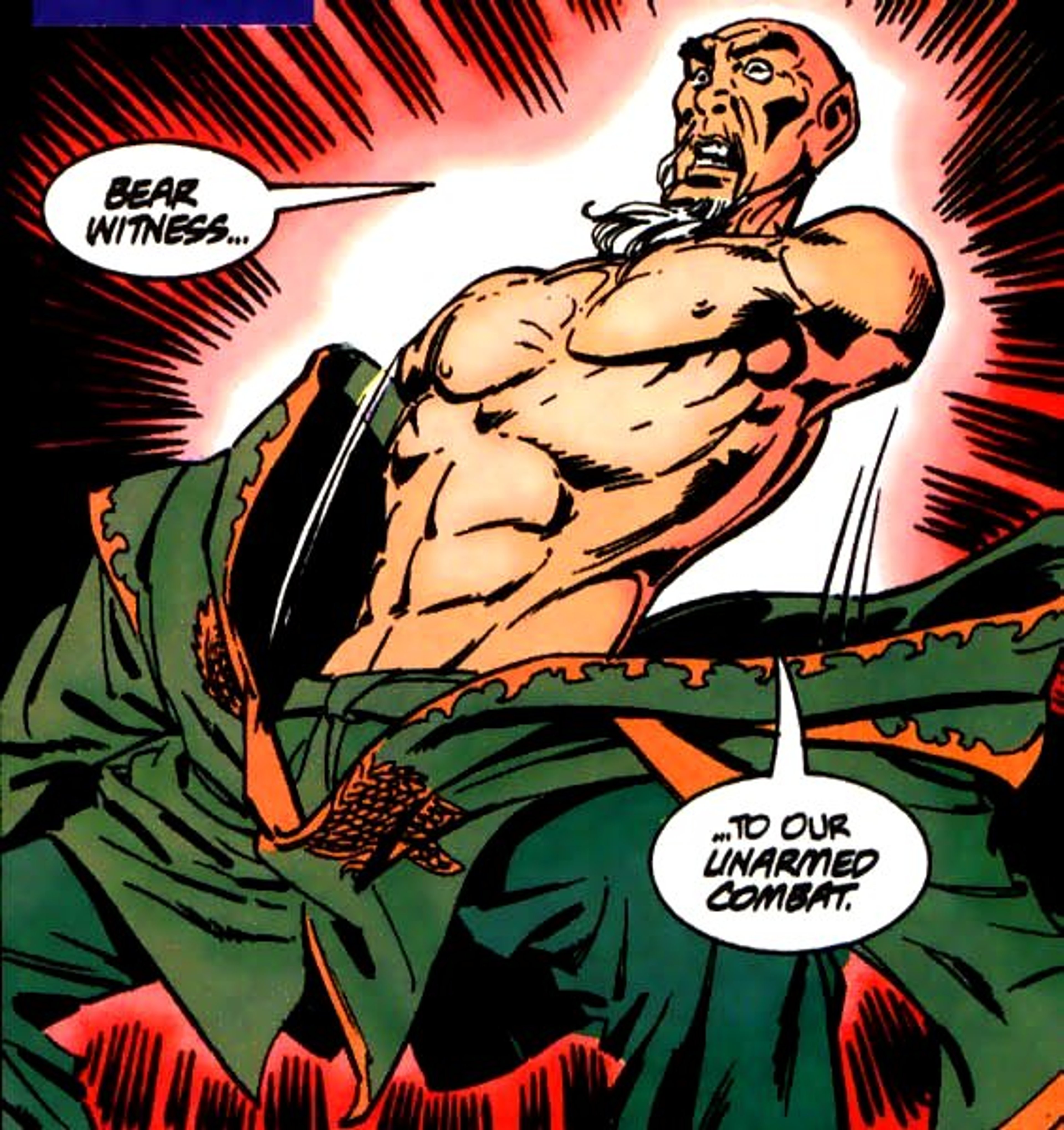 A muscular, shirtless male character with no arms, wearing a green cloak and in a fighting stance.