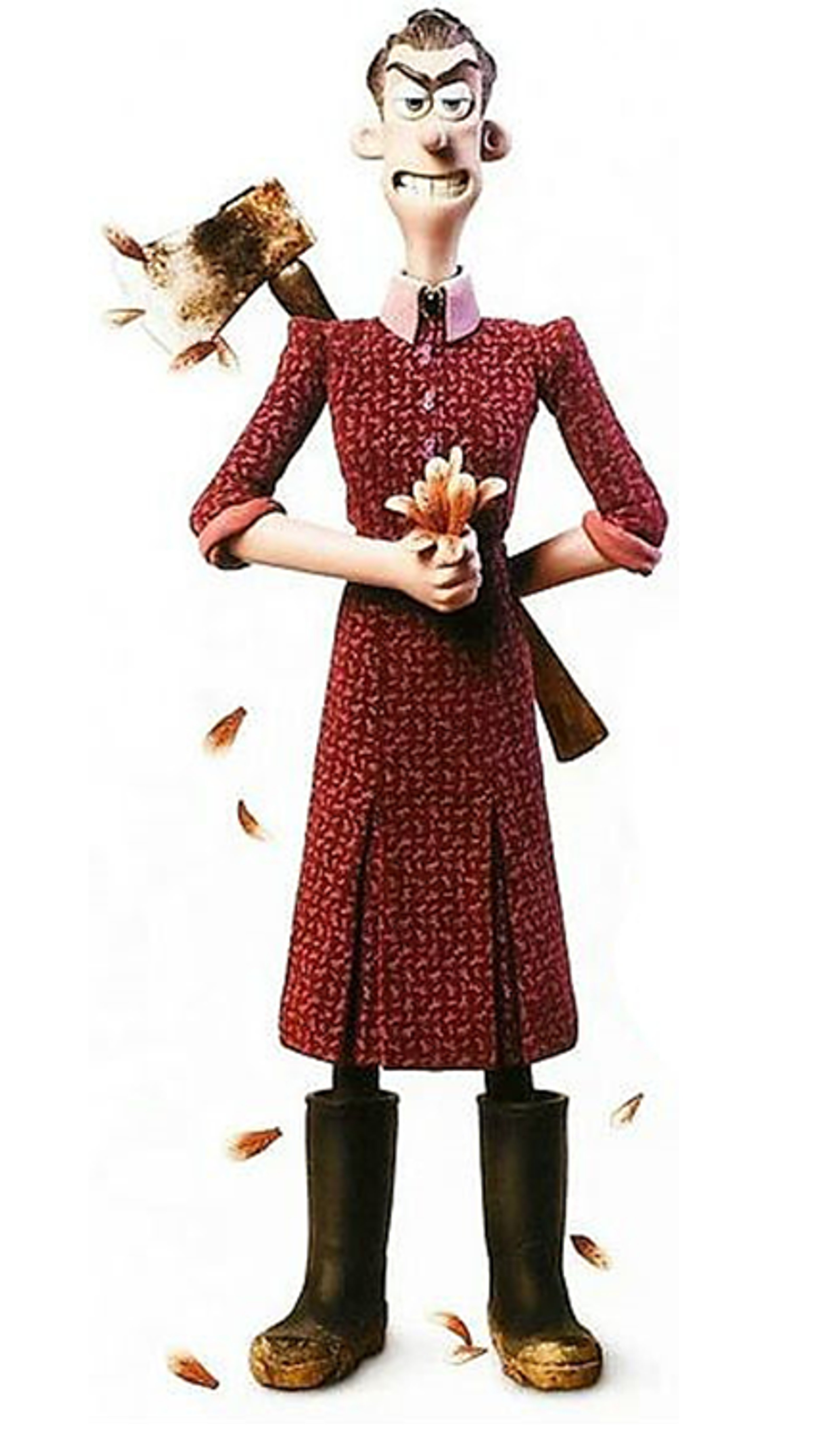 An animated female character in a red floral dress holding a feather duster