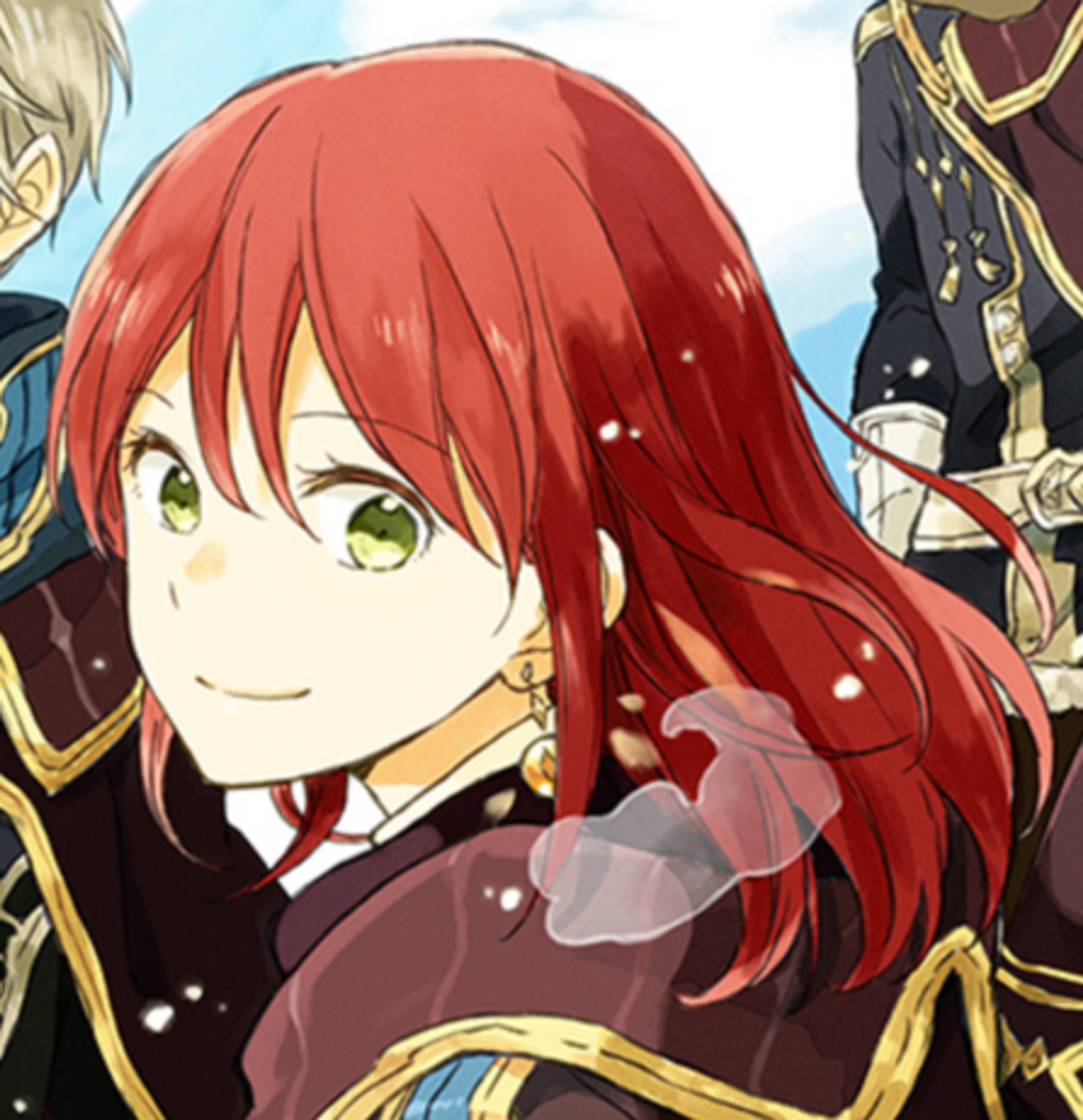 A young woman with red hair wearing a black and gold outfit, looking determined.