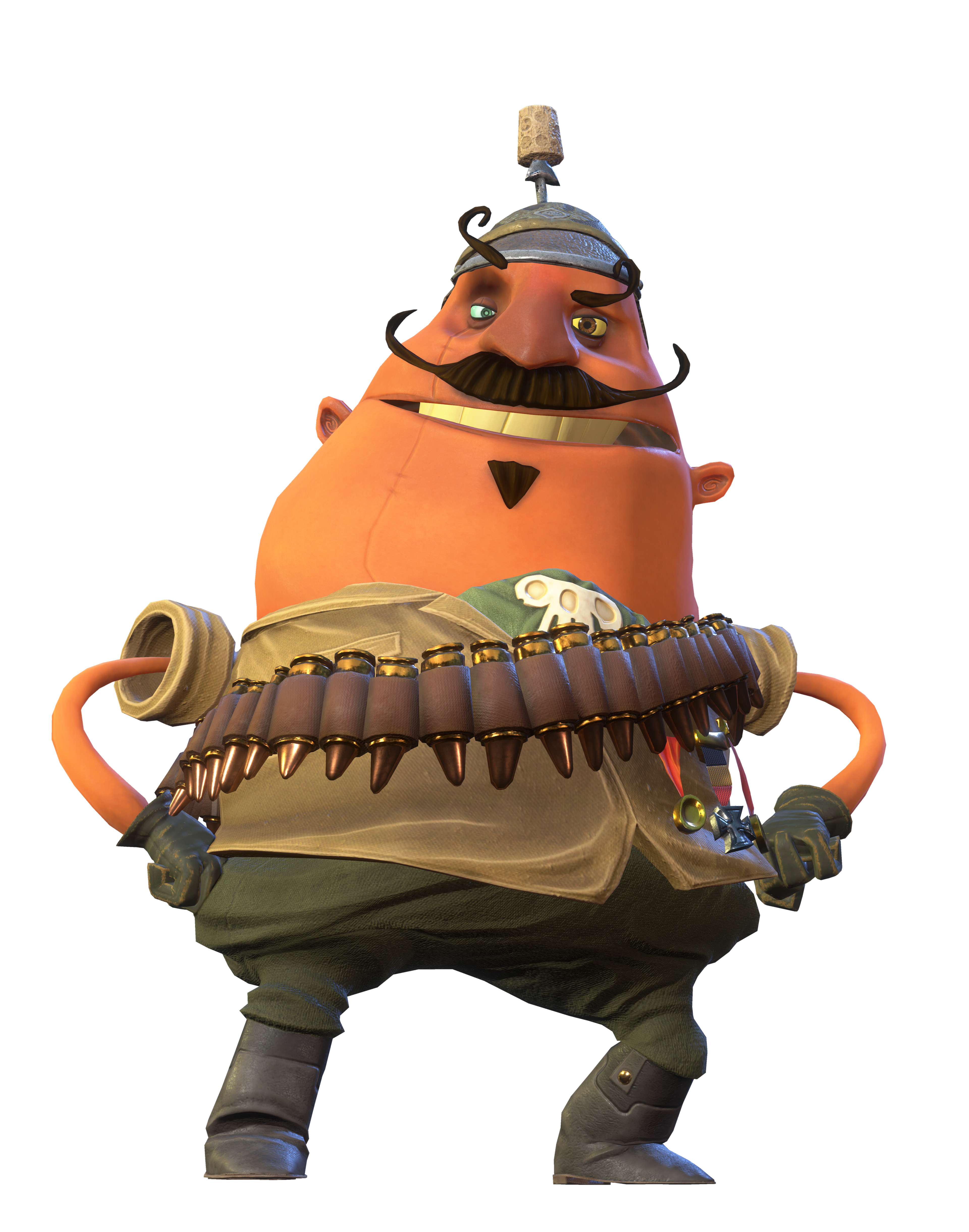 A short, stout military-style character with an orange head, mustache, and military uniform