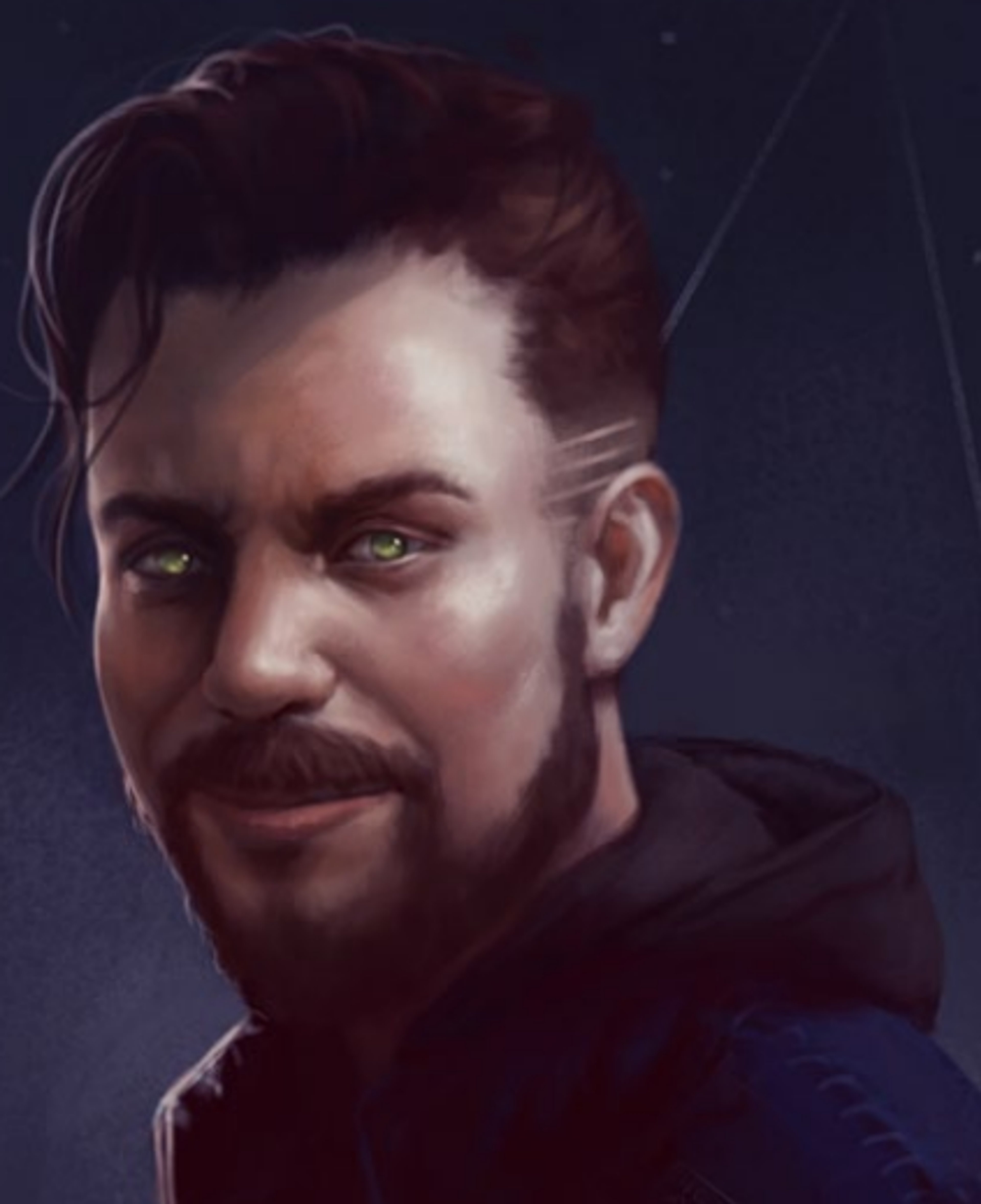 A man with dark hair and a beard wearing a black jacket