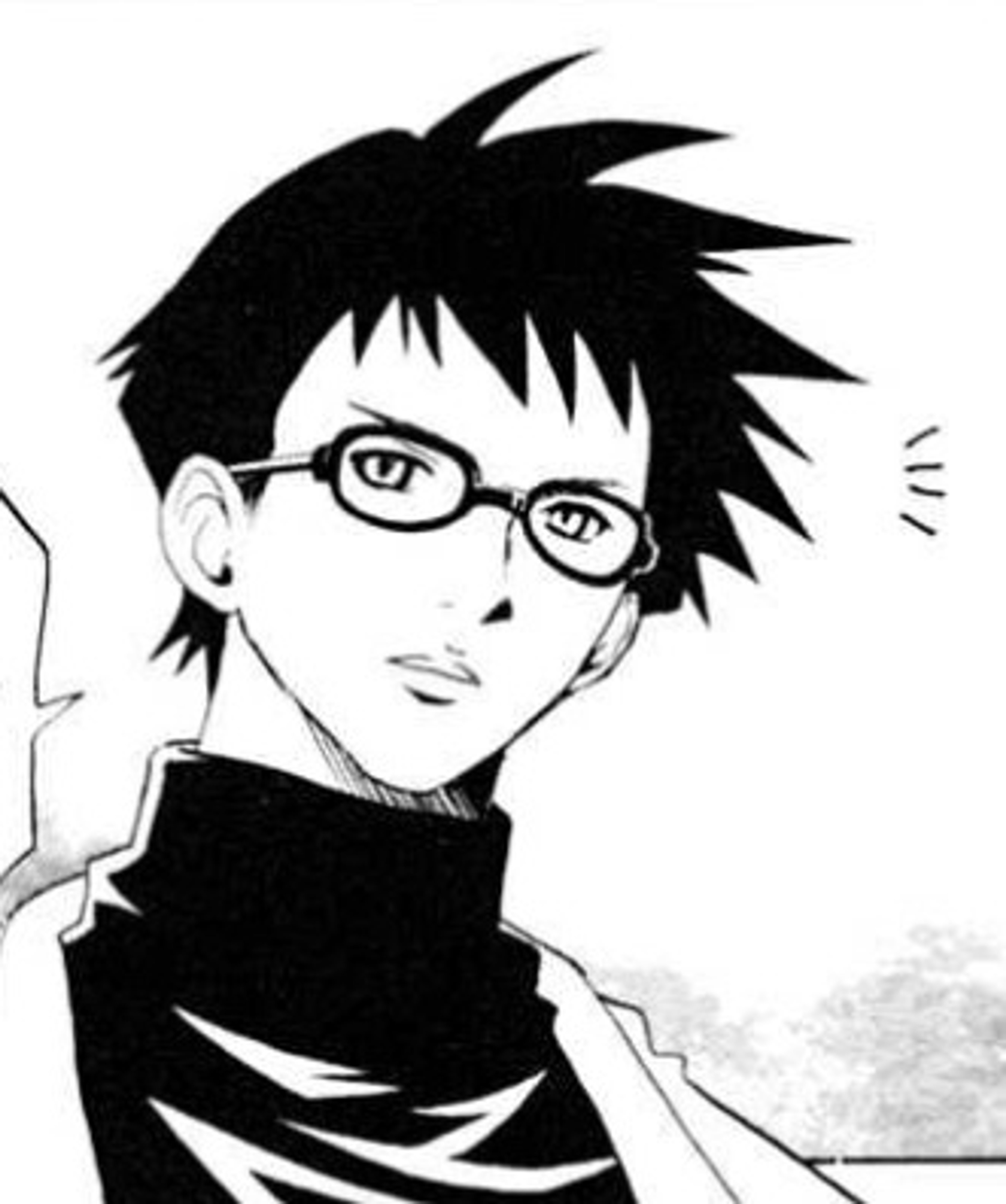 An anime-style character with spiky black hair, glasses, and a serious expression, wearing a black outfit with a high collar.