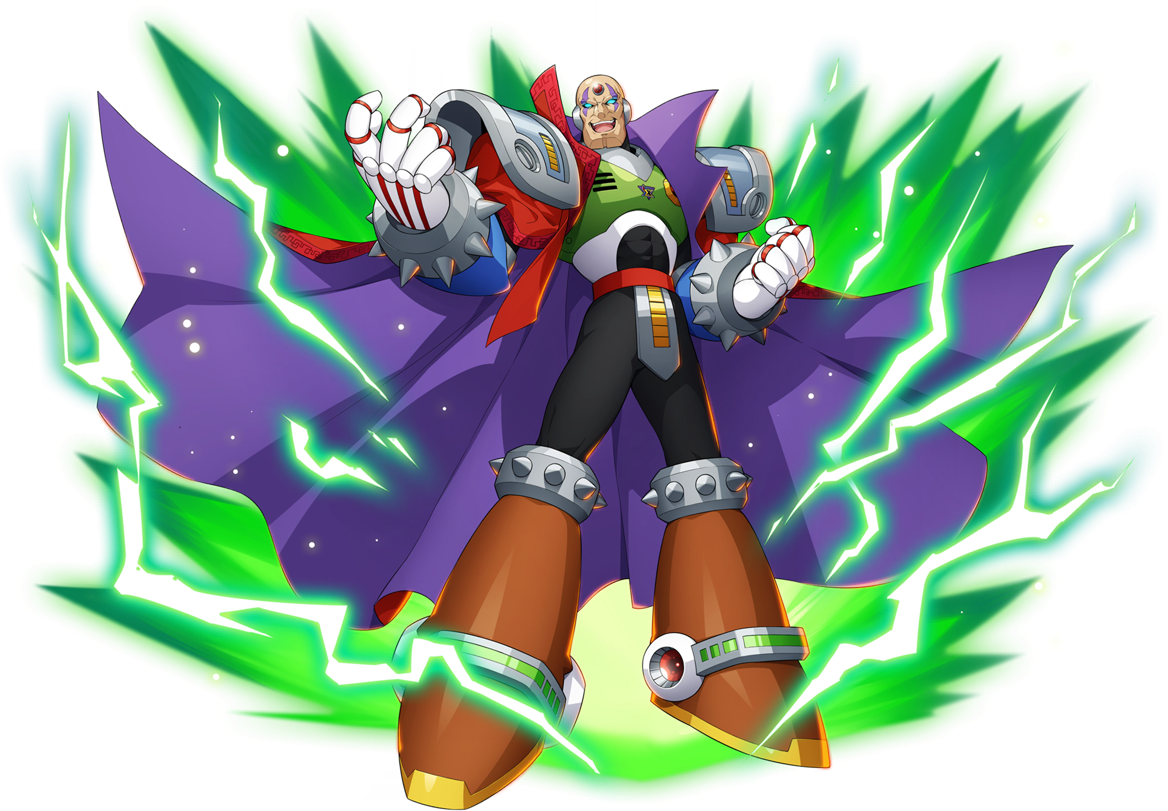 A powerful, bald Reploid character with scars and a gem on their forehead, surrounded by green energy.