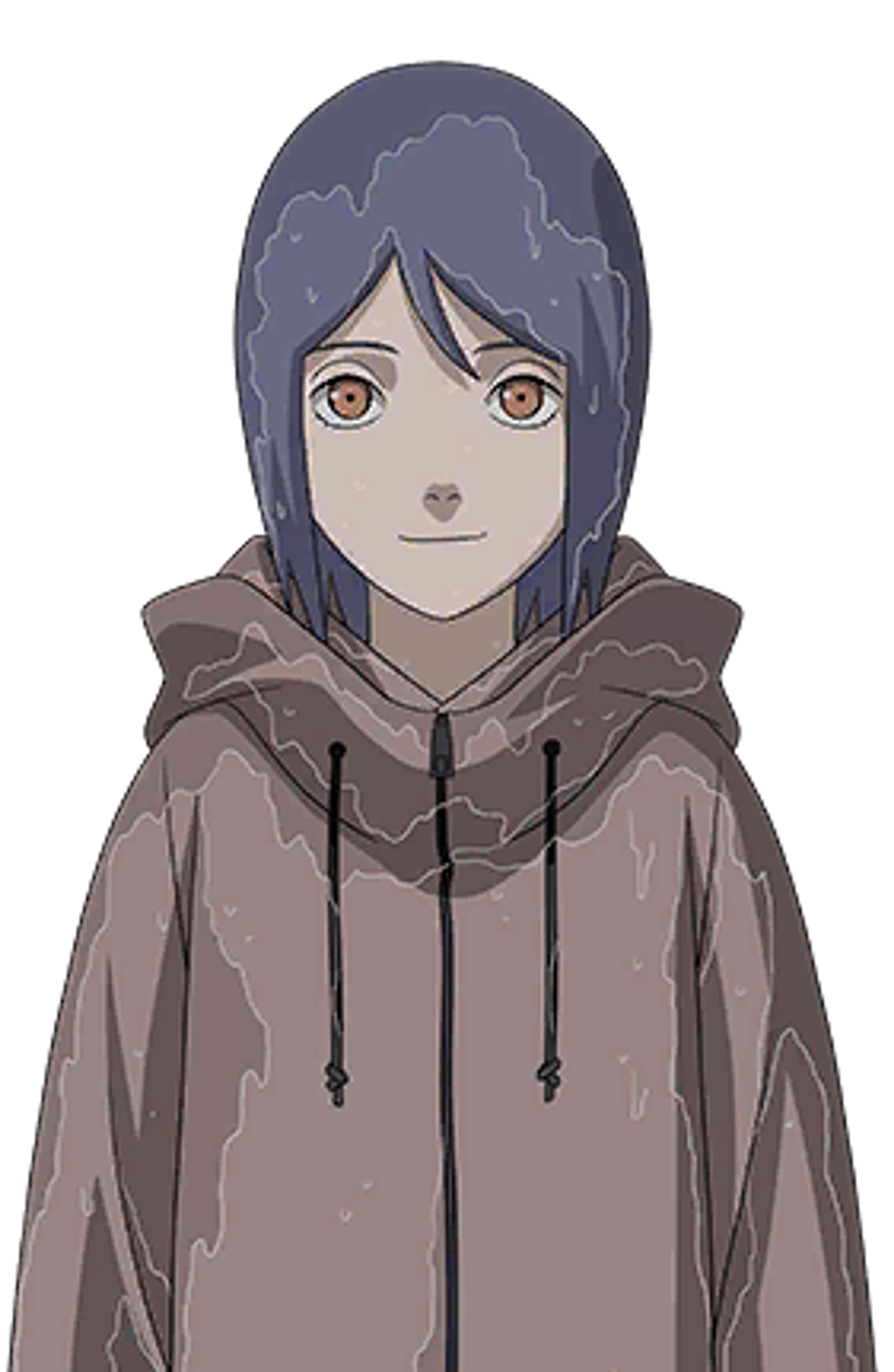 An anime-style character with short, dark blue hair wearing a gray hooded cloak or jacket