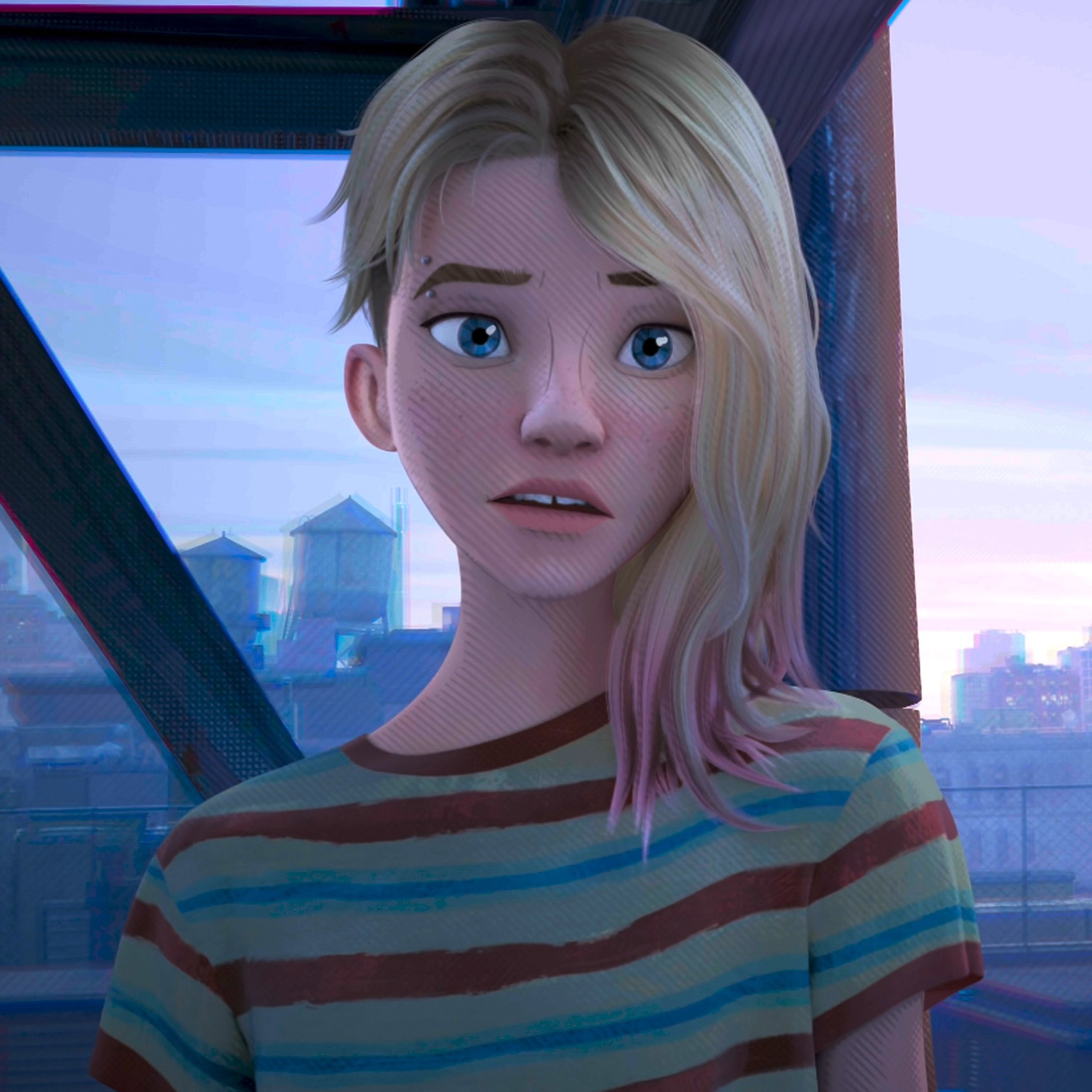 A young woman with blonde hair and blue eyes, wearing a striped shirt and having an edgy, punk-rock style.