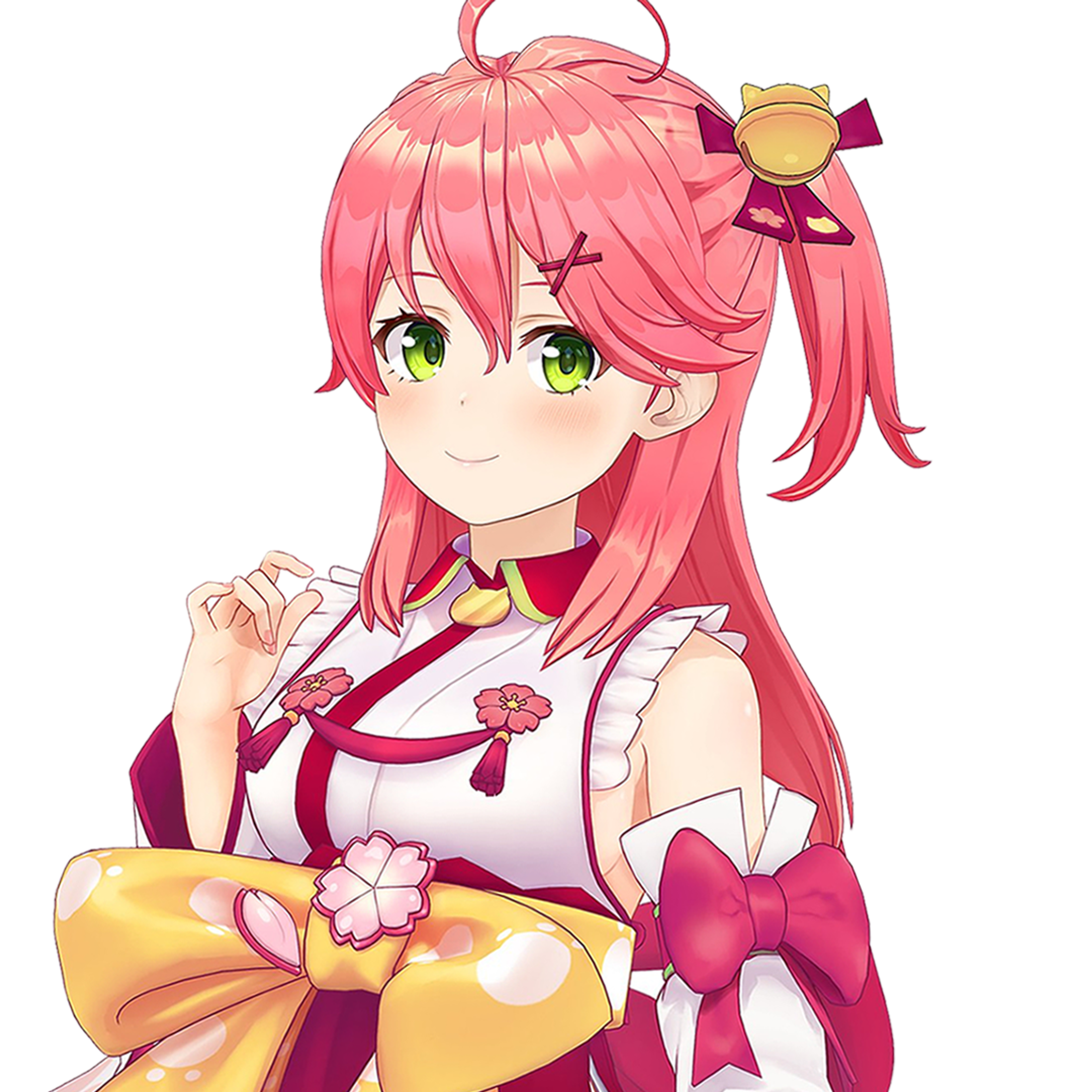 An anime-style character with pink hair in twin tails, wearing a red and white shrine maiden outfit.