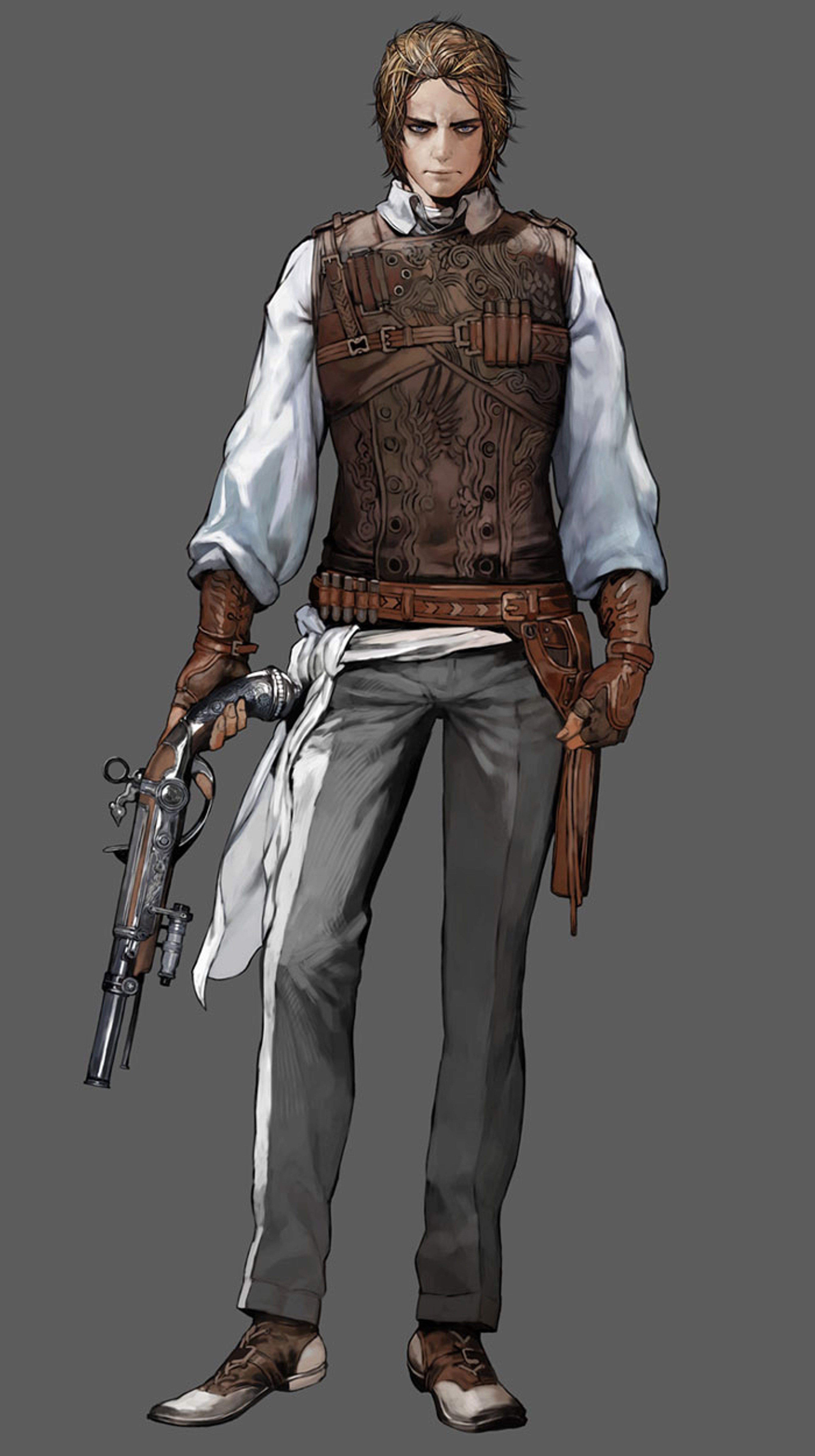 A young man with long brown hair wearing a brown vest and gray pants, holding a pistol.