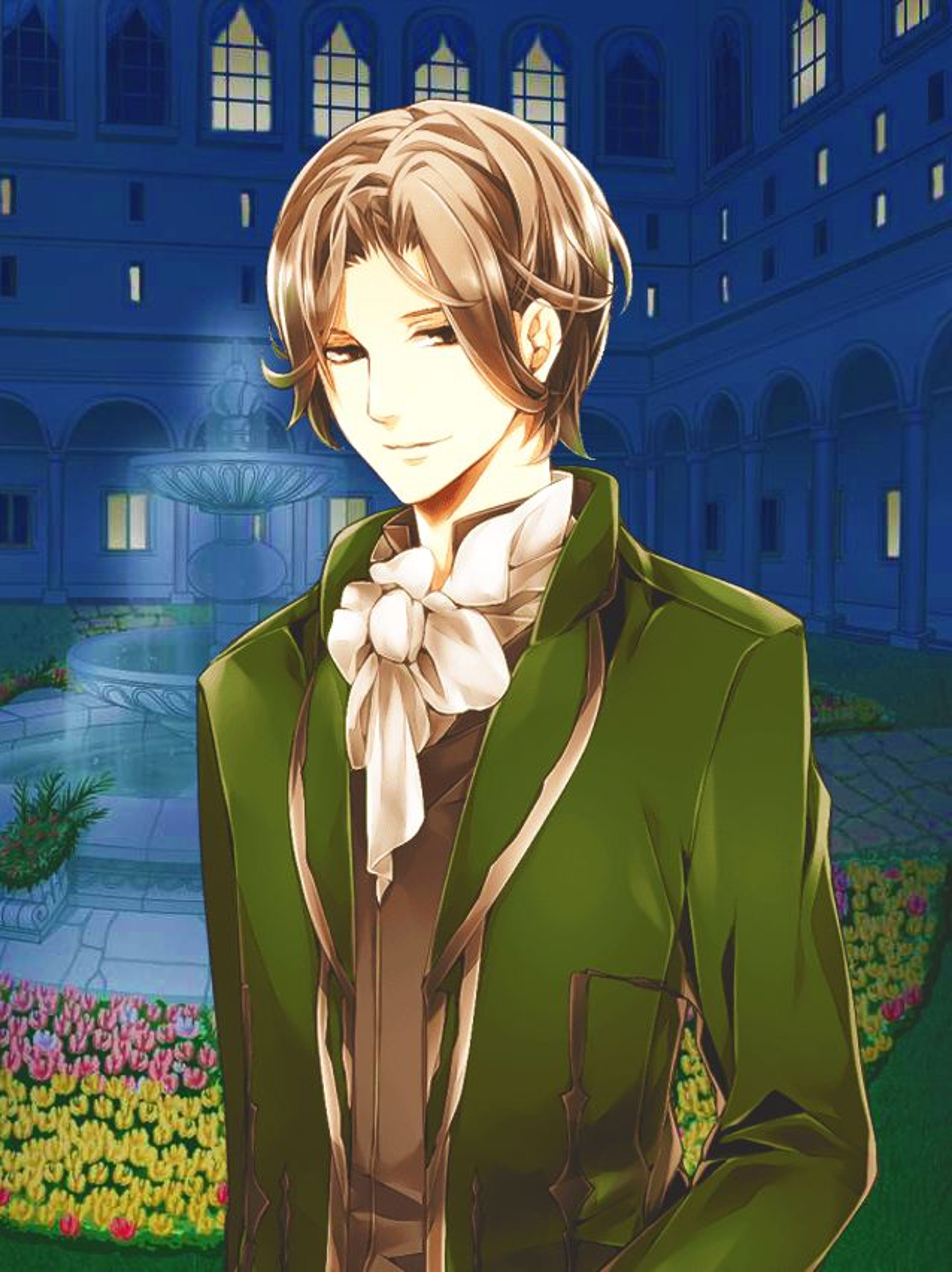 A young man with short dirty blonde hair and soft brown eyes, wearing a green coat and pink scarf, standing in a royal palace setting.