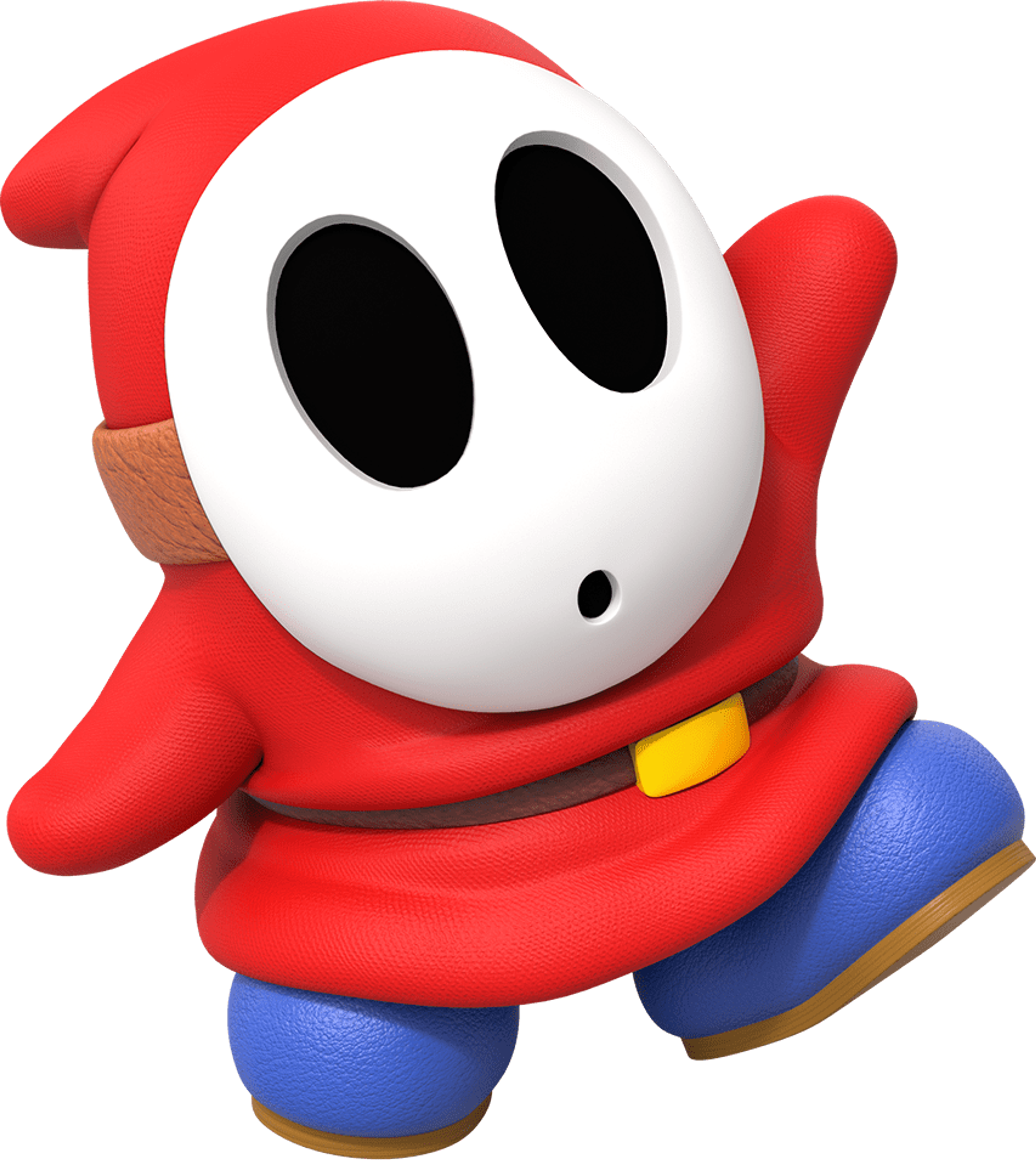 A red, masked character with a round, plump body and large eyes