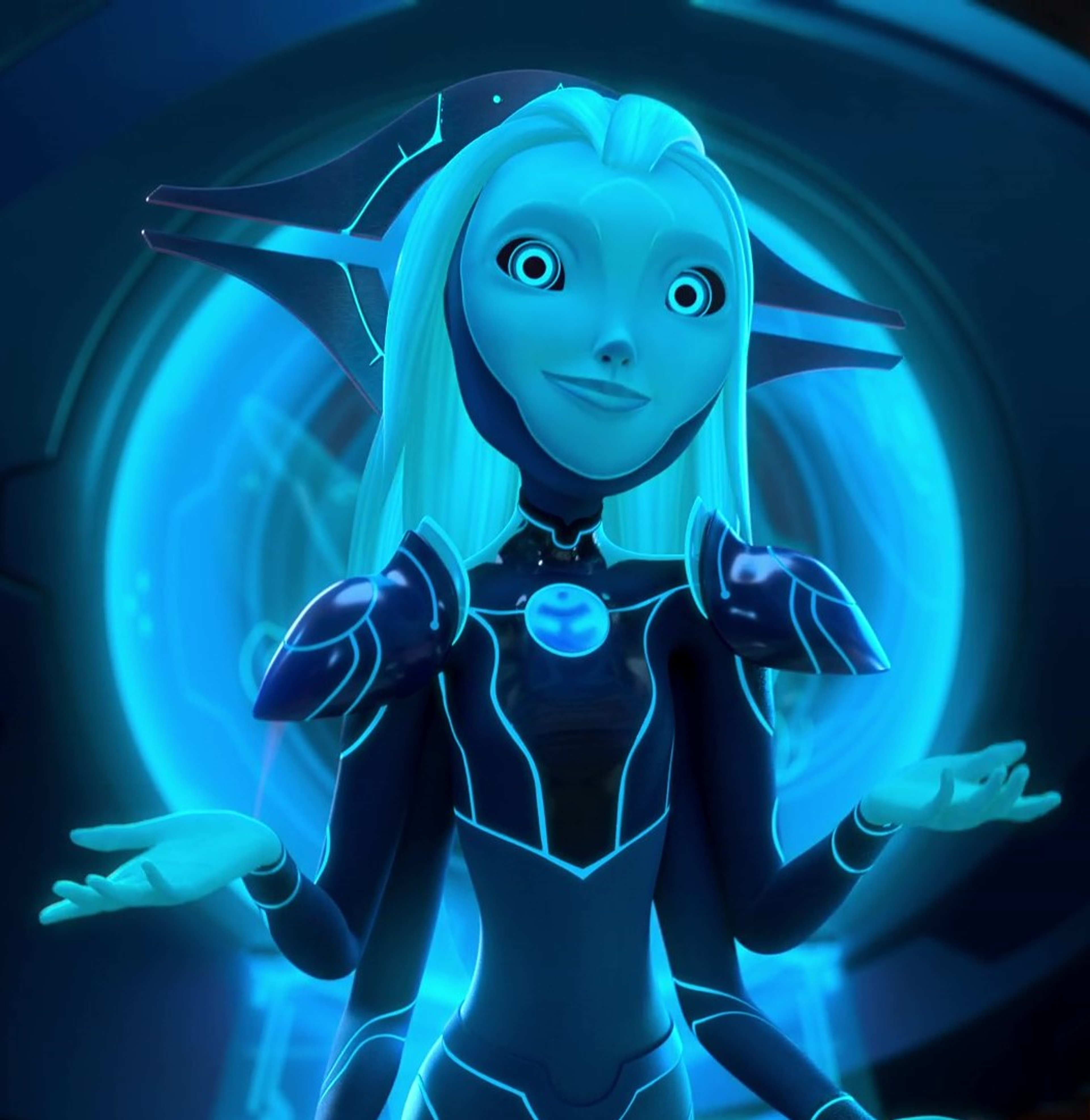 A blue-skinned alien princess with long blue hair in a black and blue bodysuit