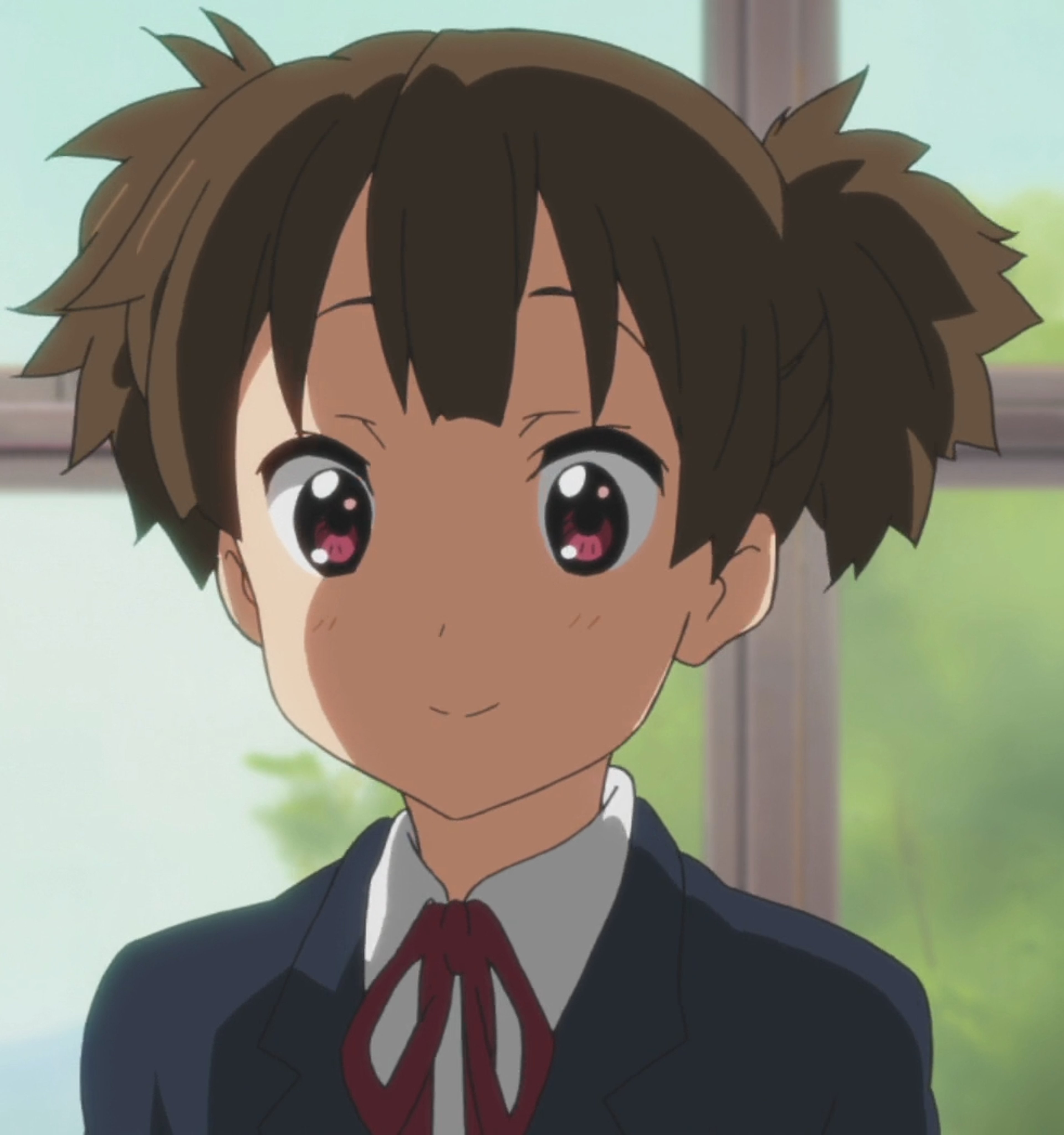 An anime-style character with short, dark hair wearing a school uniform