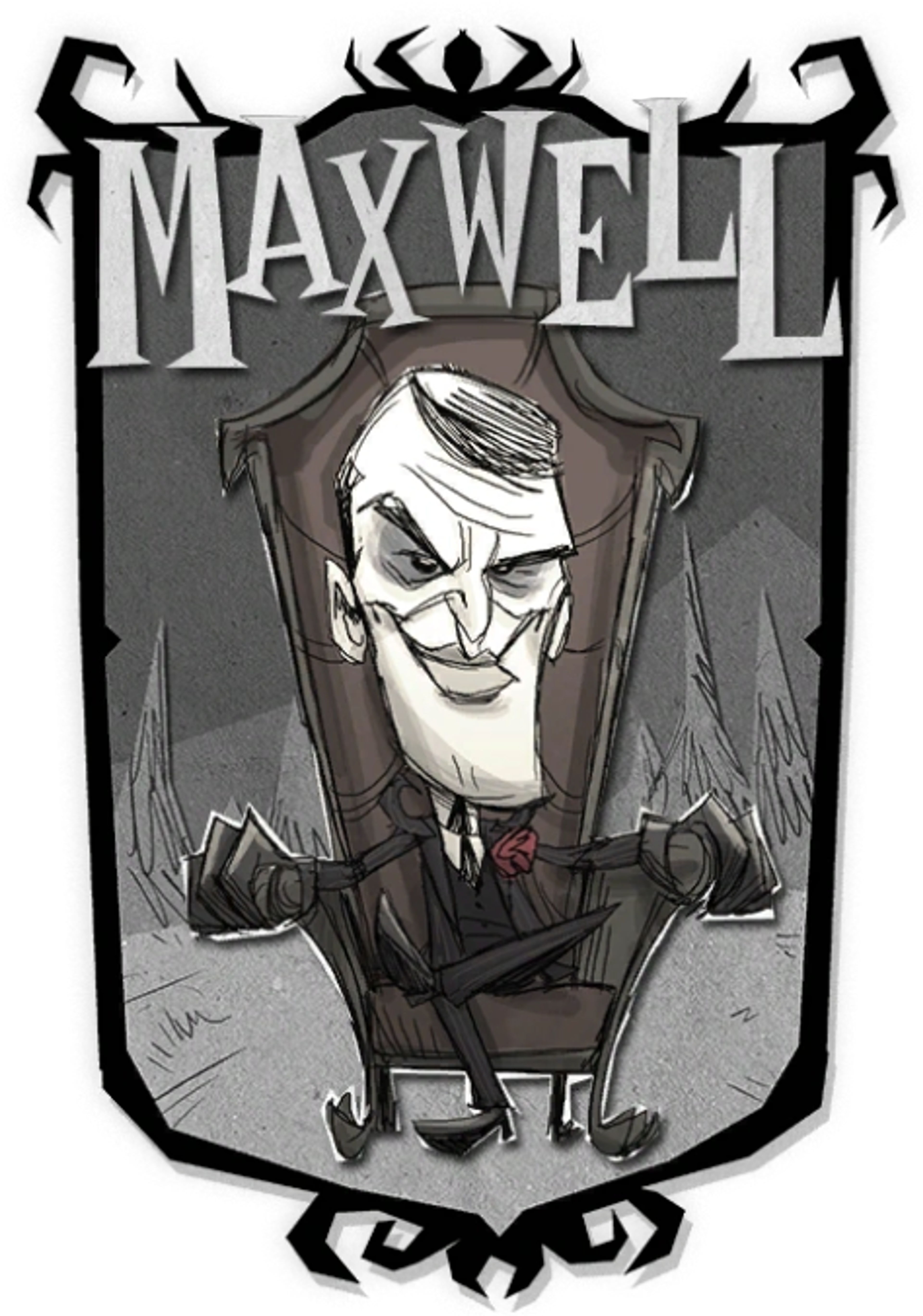 Illustration of a character named Maxwell, a dapper gentleman with a sinister appearance