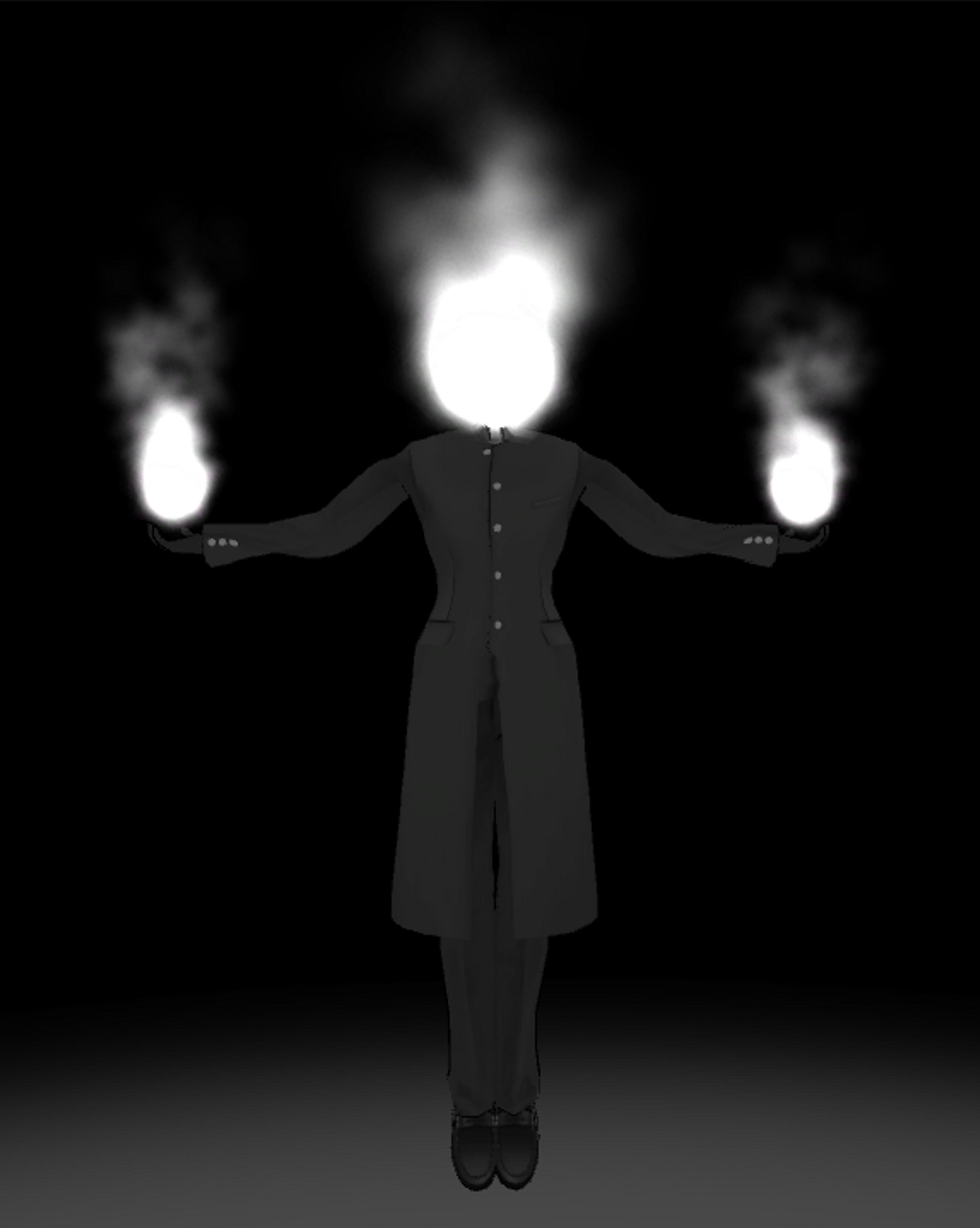 A tall, imposing figure wearing a male school uniform with white flames surrounding their head and hands.