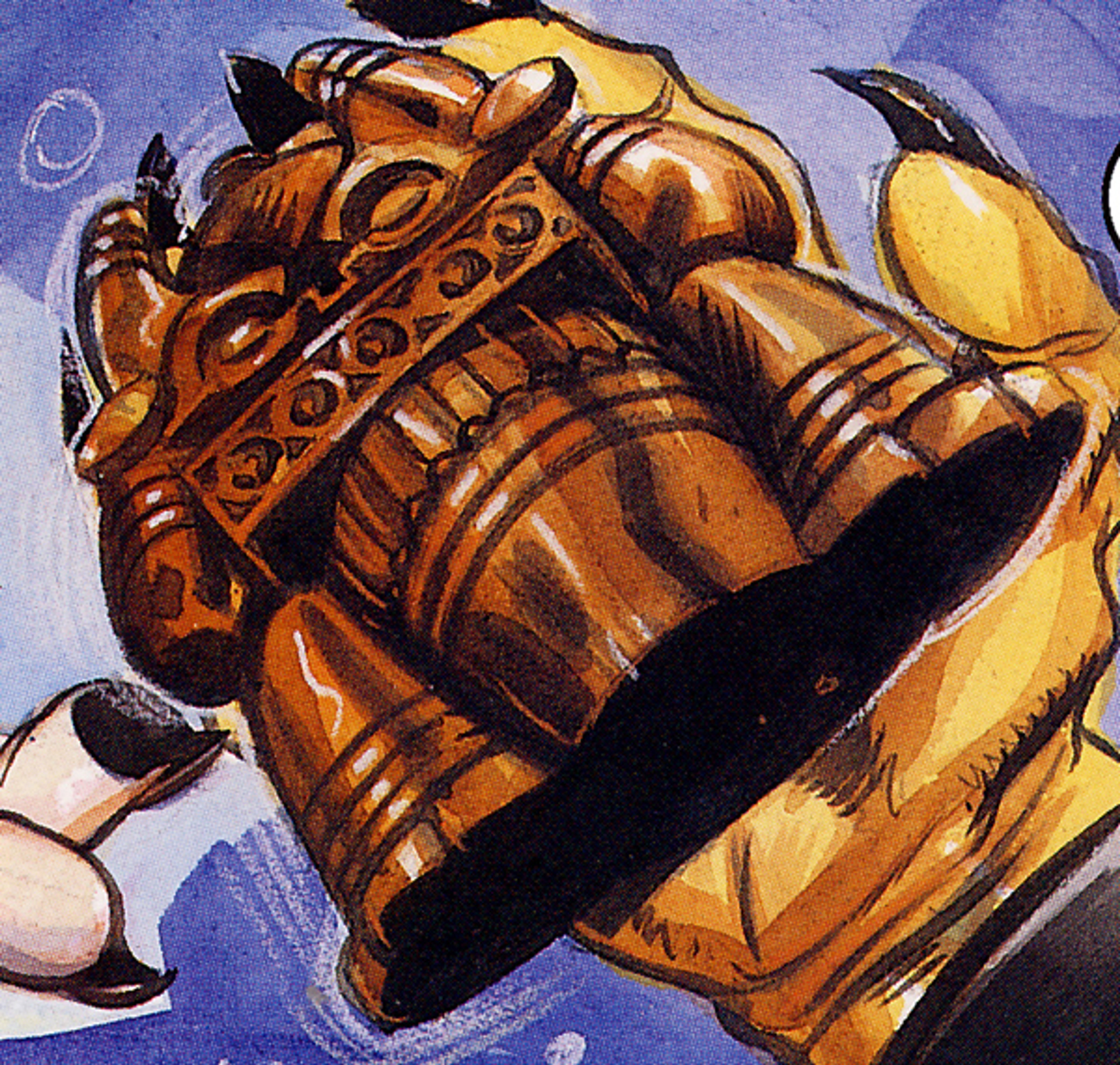 A detailed, ornate statuette or religious idol with a large, bulbous head and a muscular, angular body.