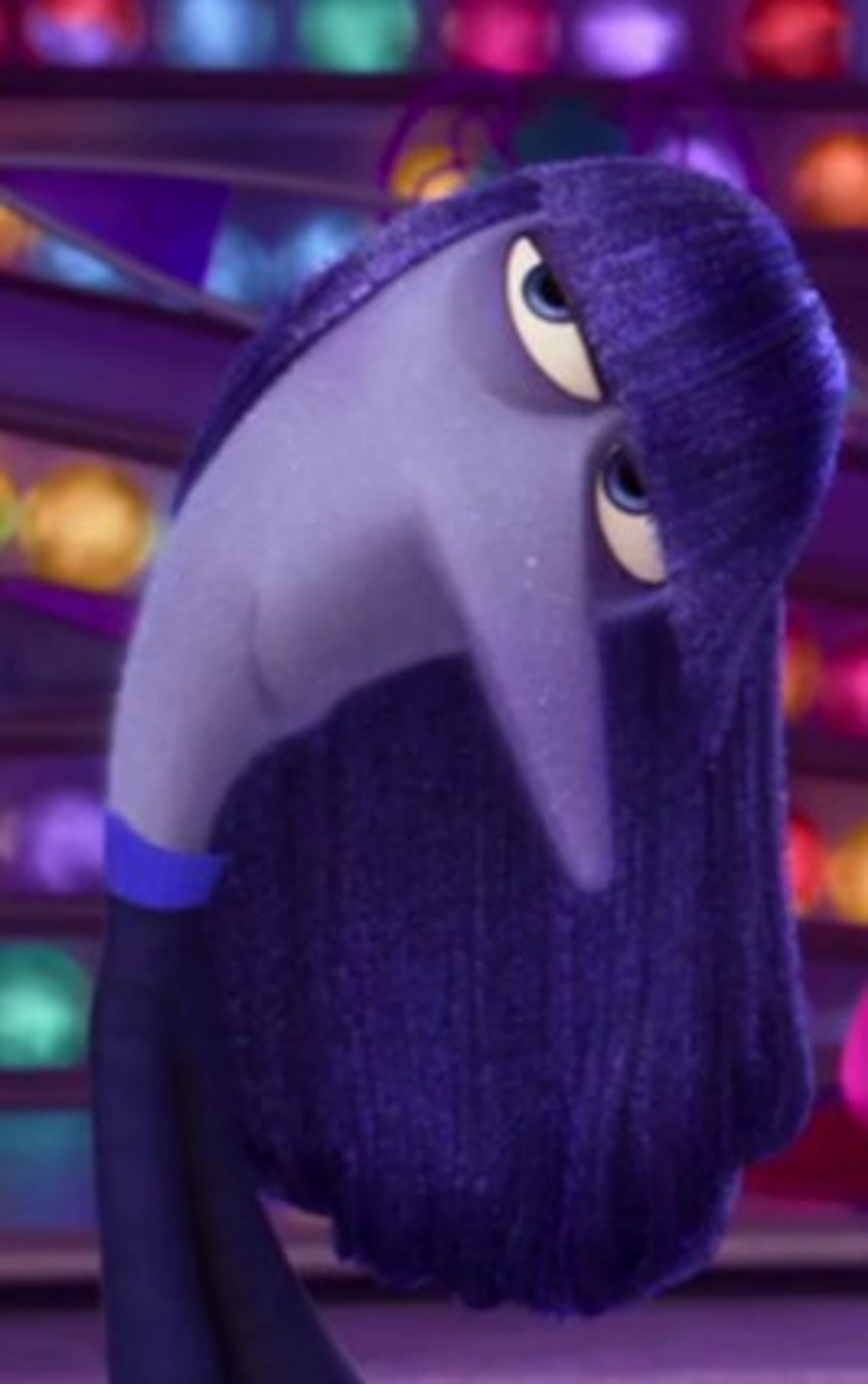 A character named Ennui, the personification of boredom, with muted periwinkle skin, dull lavender eyes, and long indigo hair.