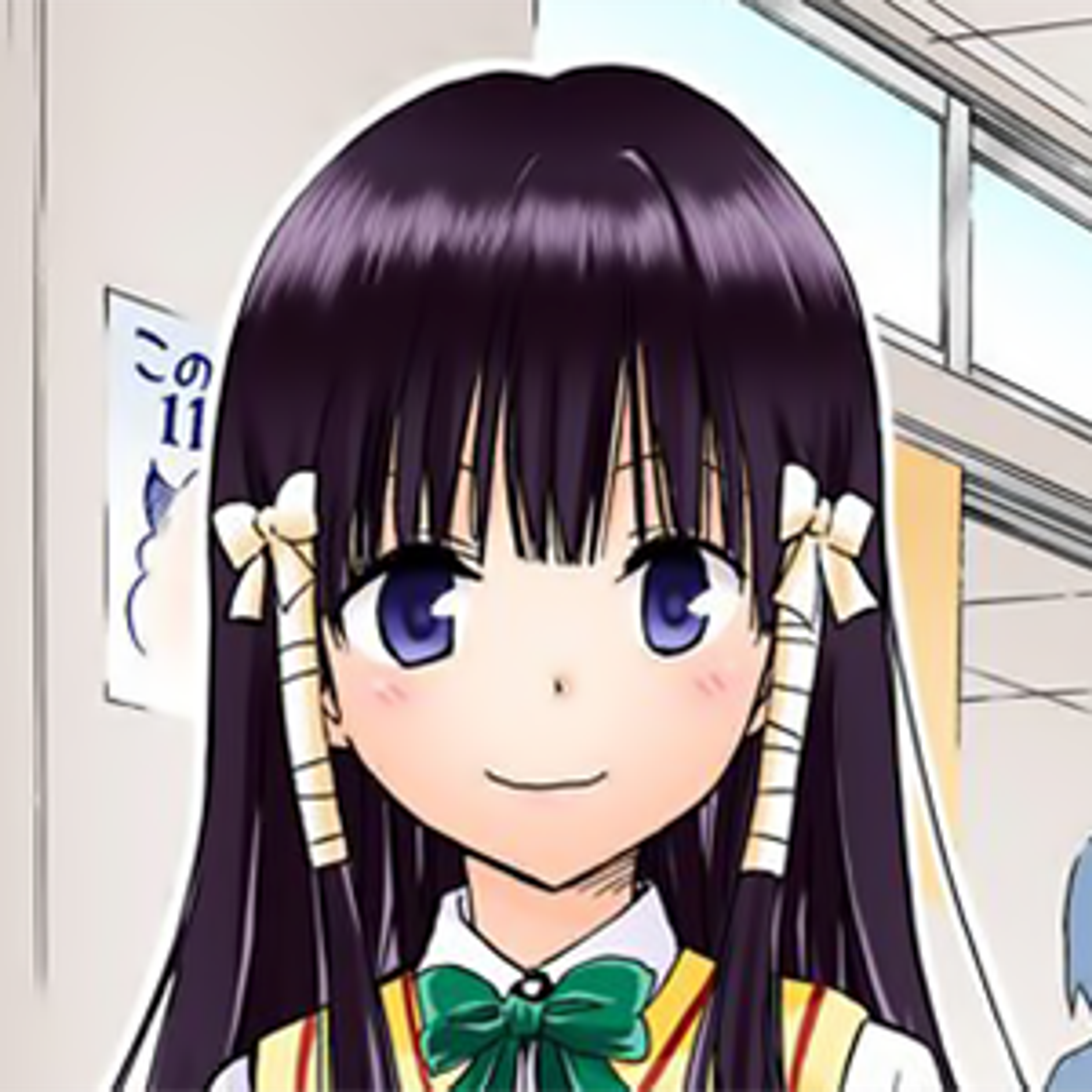 An anime-style character with long purple hair in pigtails, wearing a green school uniform.