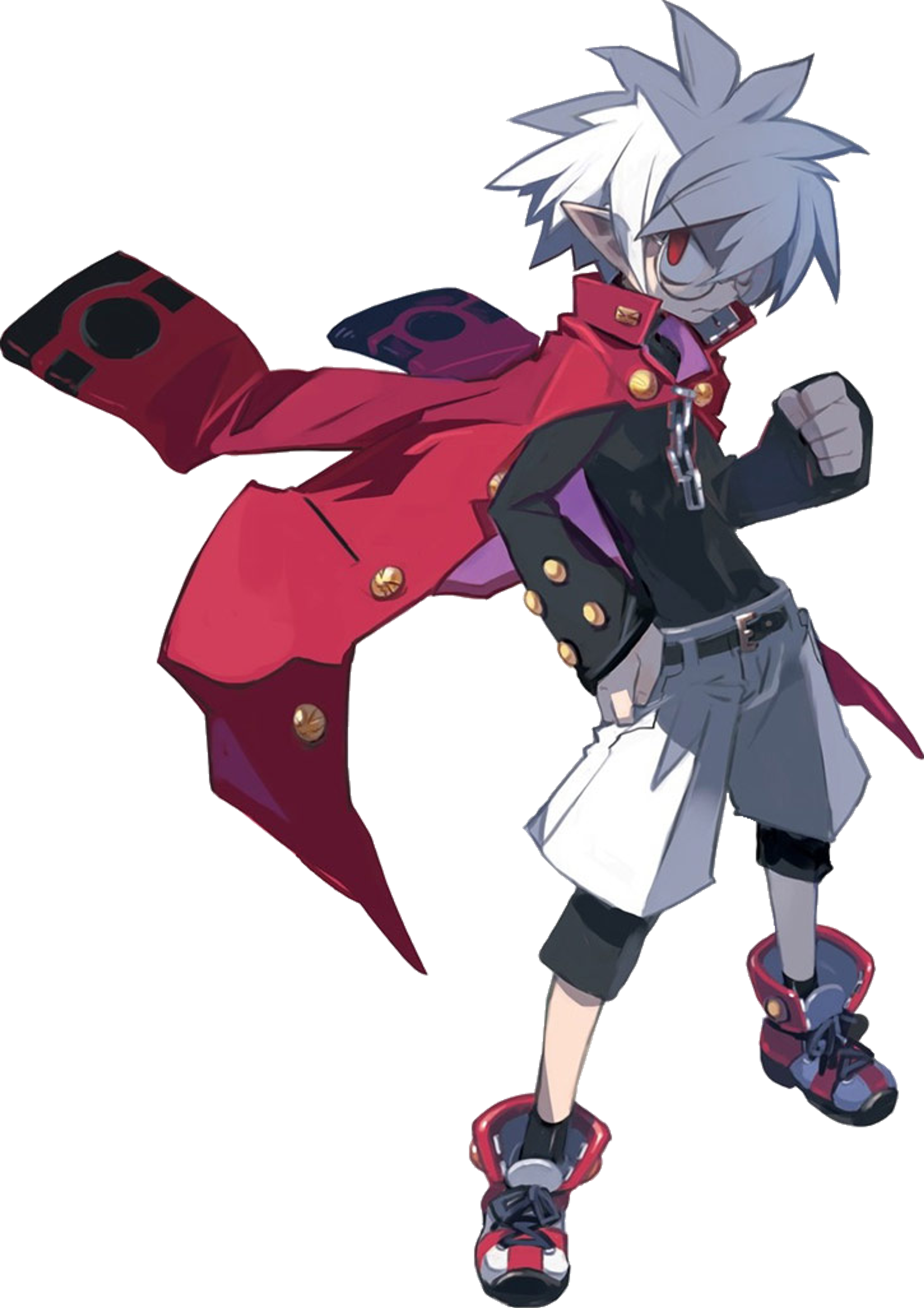 An anime-style character with gray hair, red eyes, and a red and black outfit with a cape, posed in an action stance.