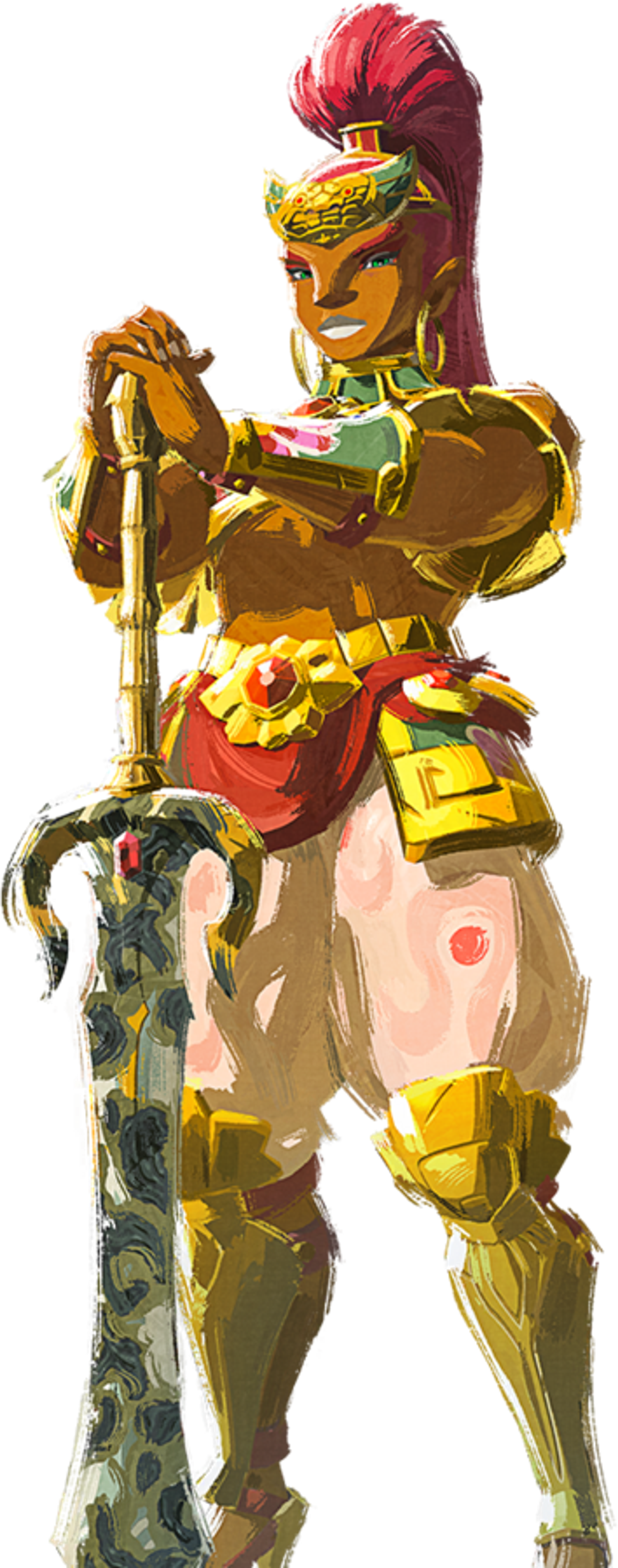 A powerful Gerudo warrior woman in ornate armor, holding a large spear.