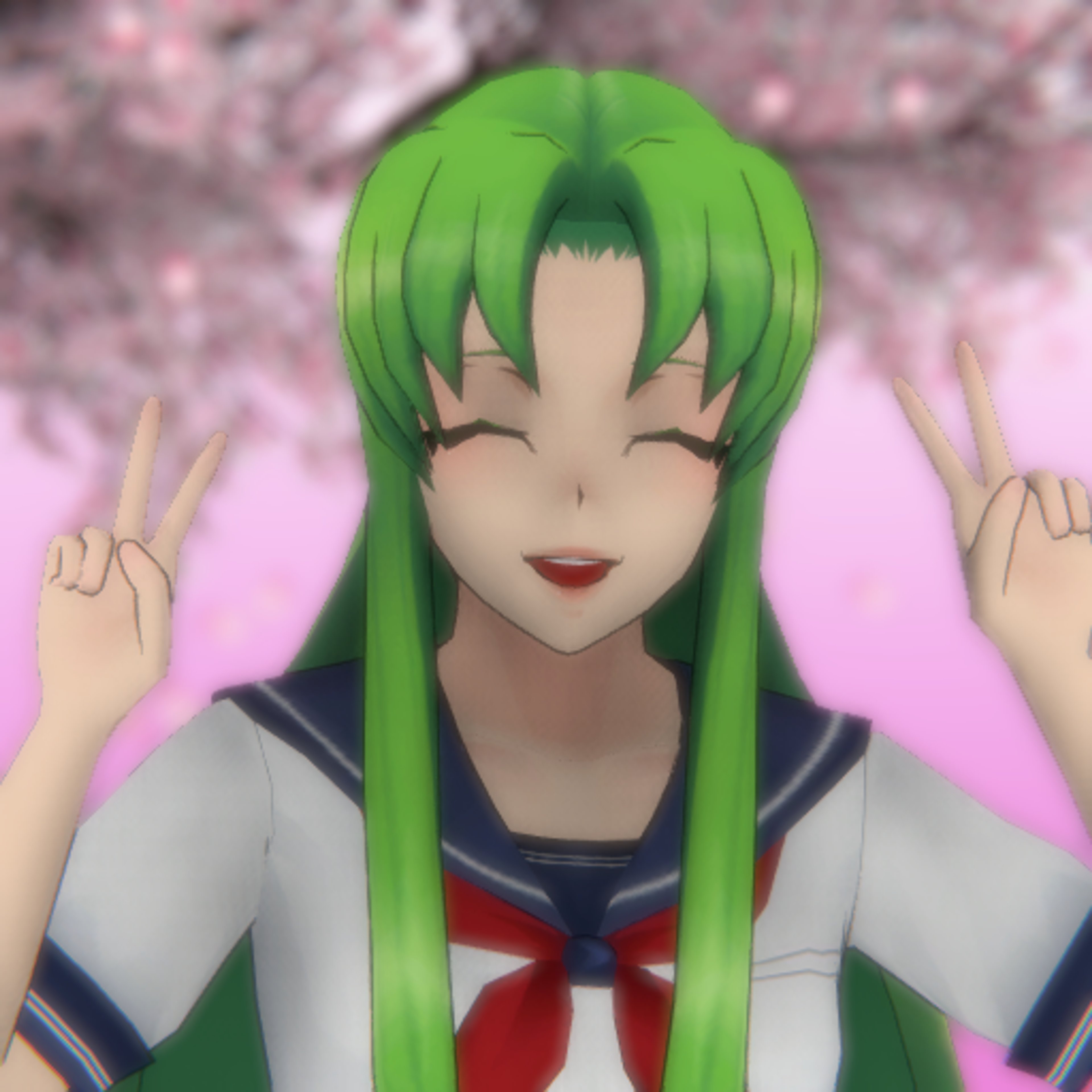 An anime-style character with green hair and eyes making a peace sign gesture