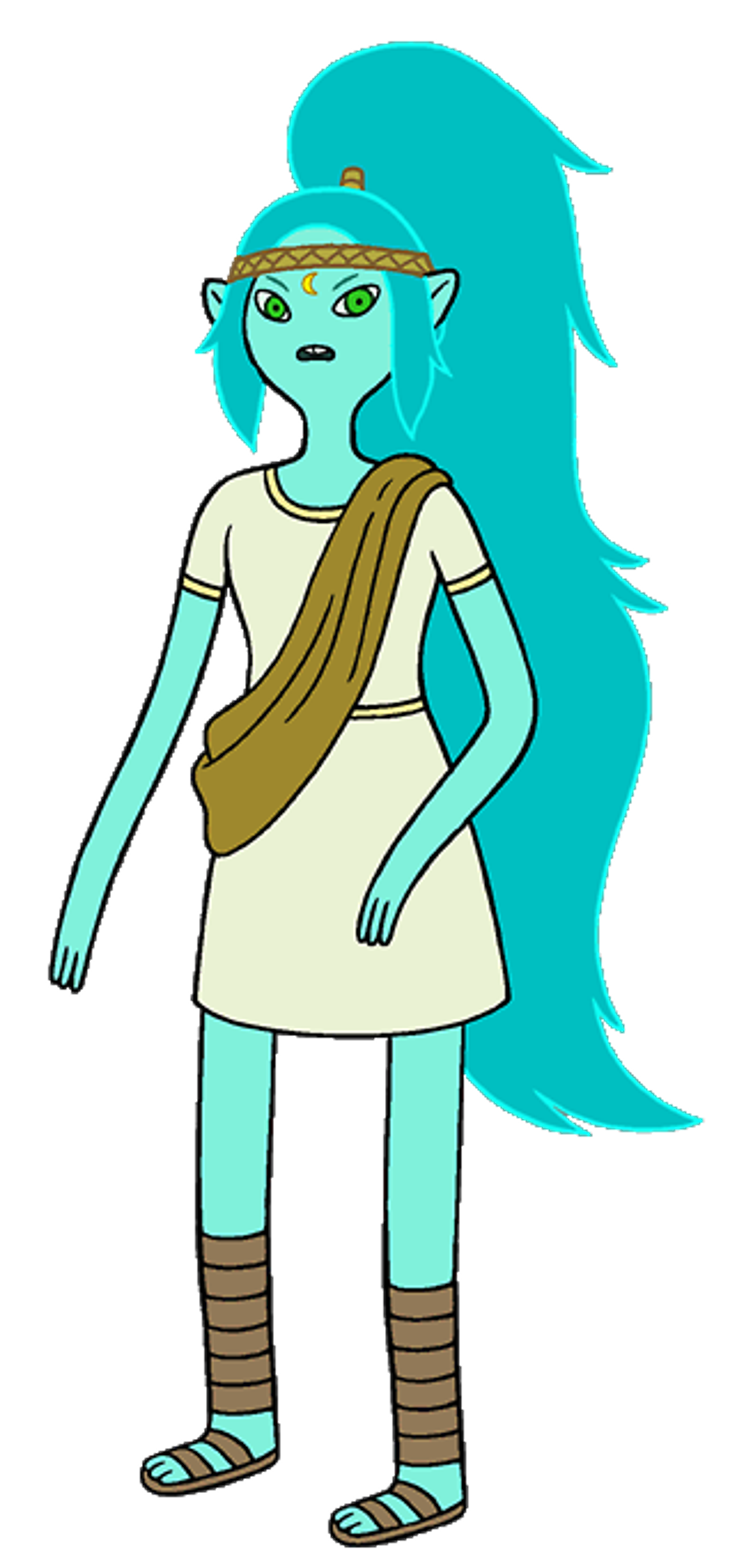 A tall, slender blue-skinned humanoid character with long dark blue hair and green eyes, wearing a green dress and sandals.