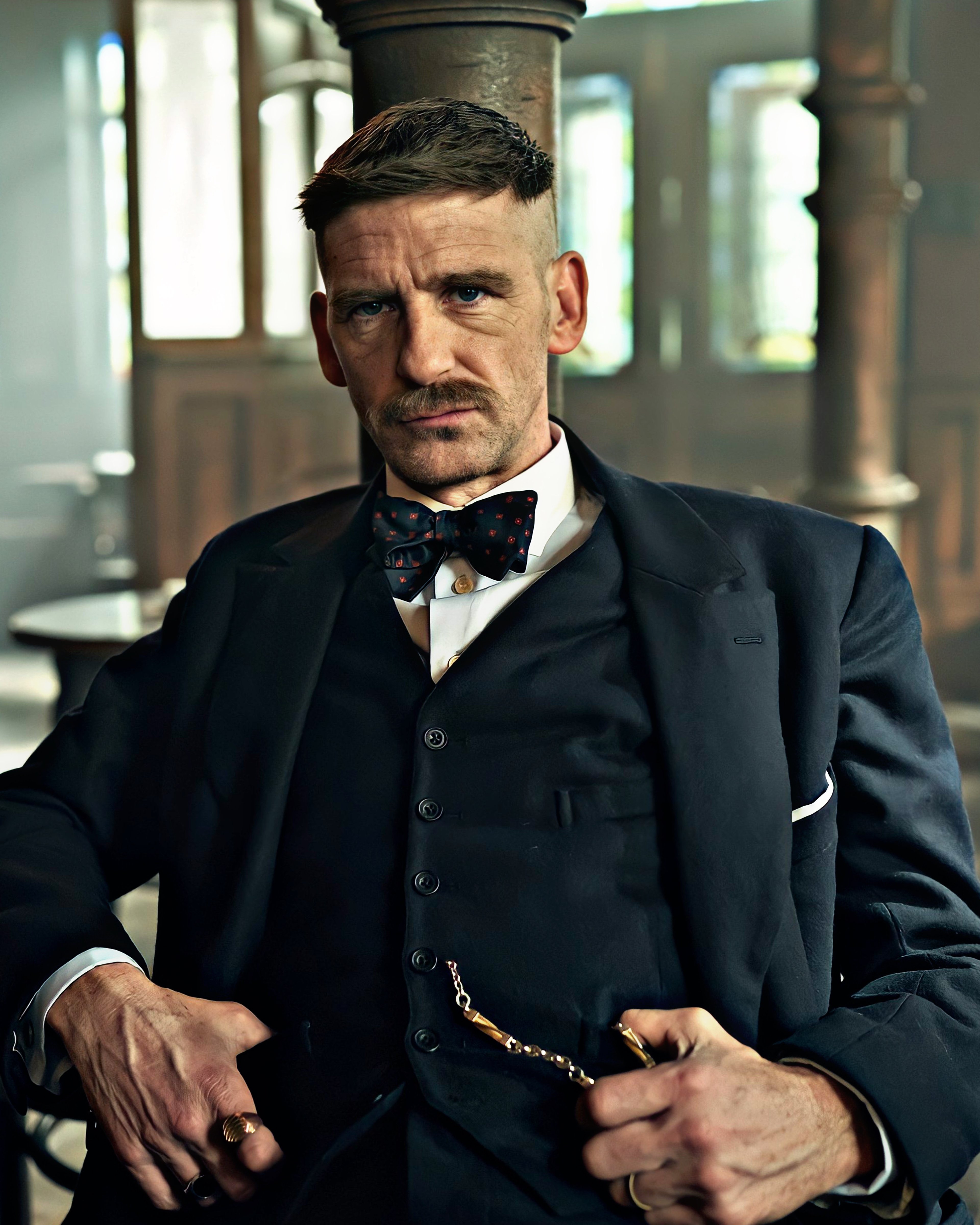 A serious-looking man with a mustache and undercut hairstyle, wearing a dark suit and bow tie, in a dimly lit setting.