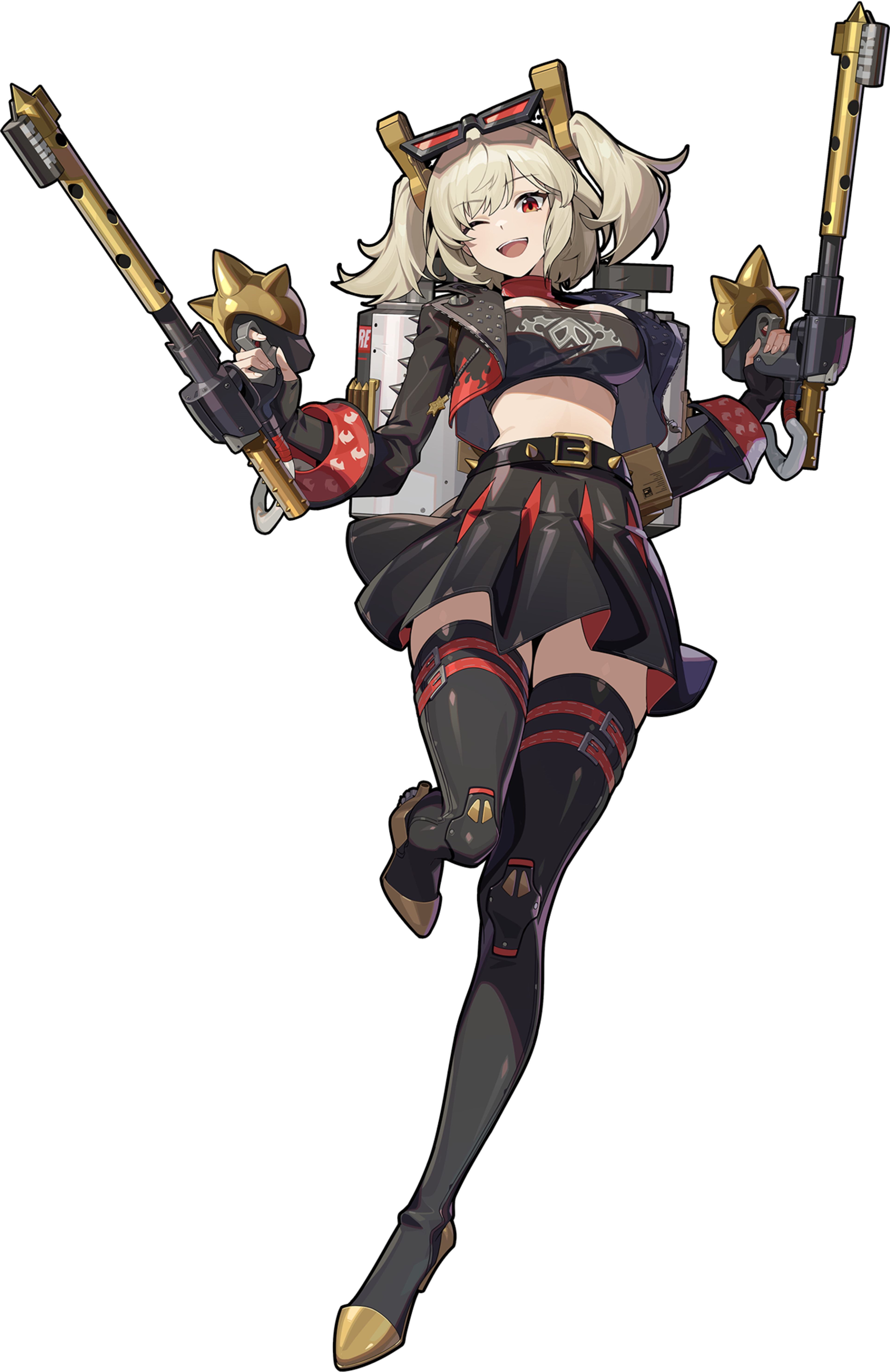 A female character with white hair and a black and red outfit, wielding multiple firearms.