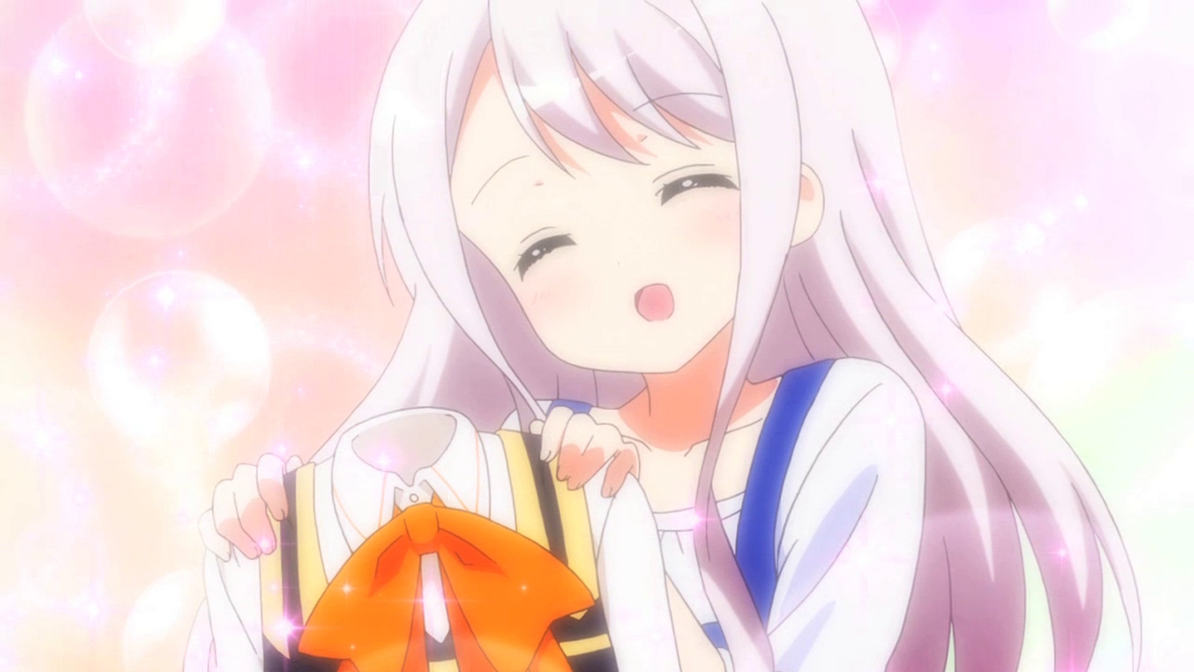 An anime-style character with long light hair wearing a blue and white uniform, with a friendly expression.