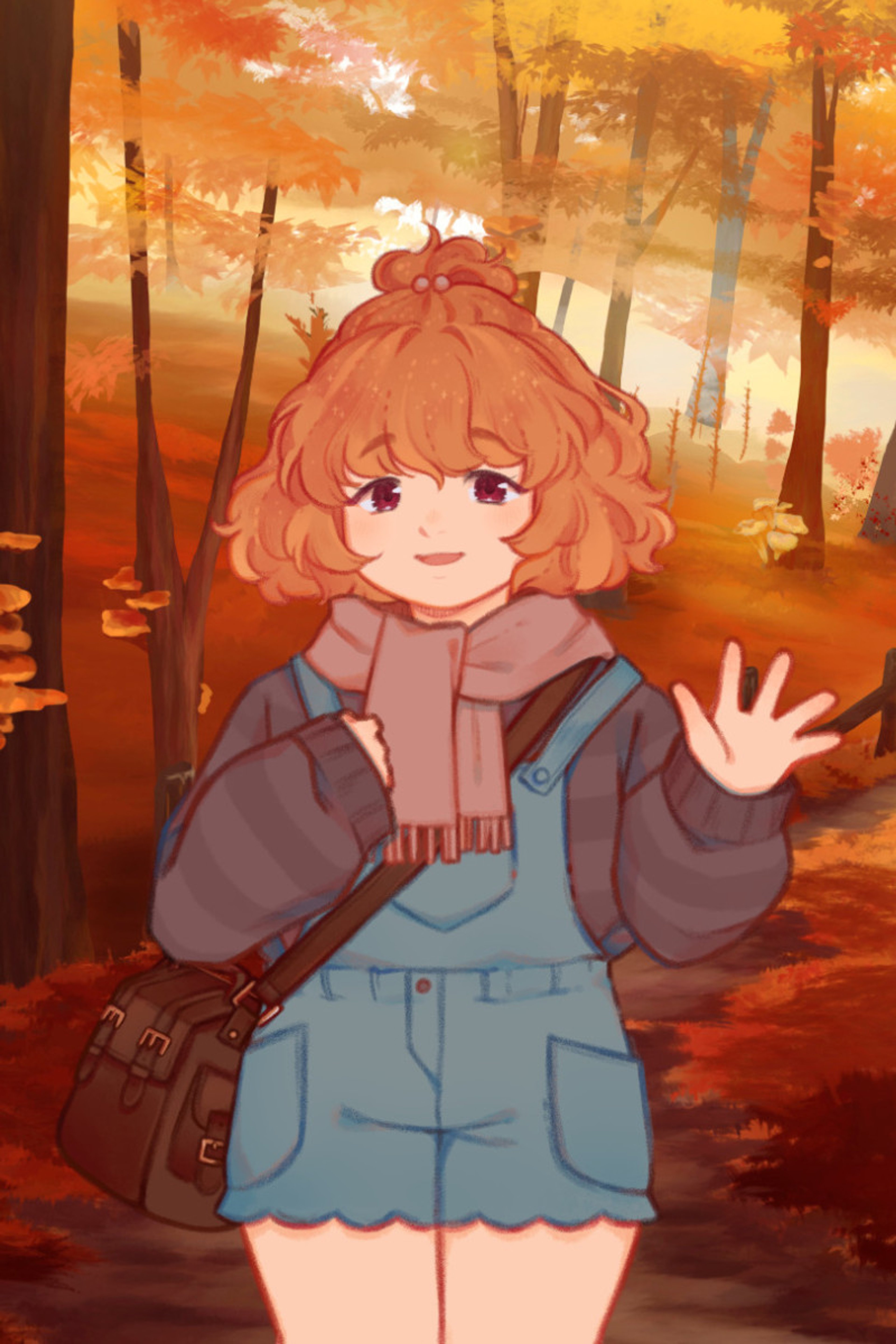 A young woman with red hair and eyes in a forest setting