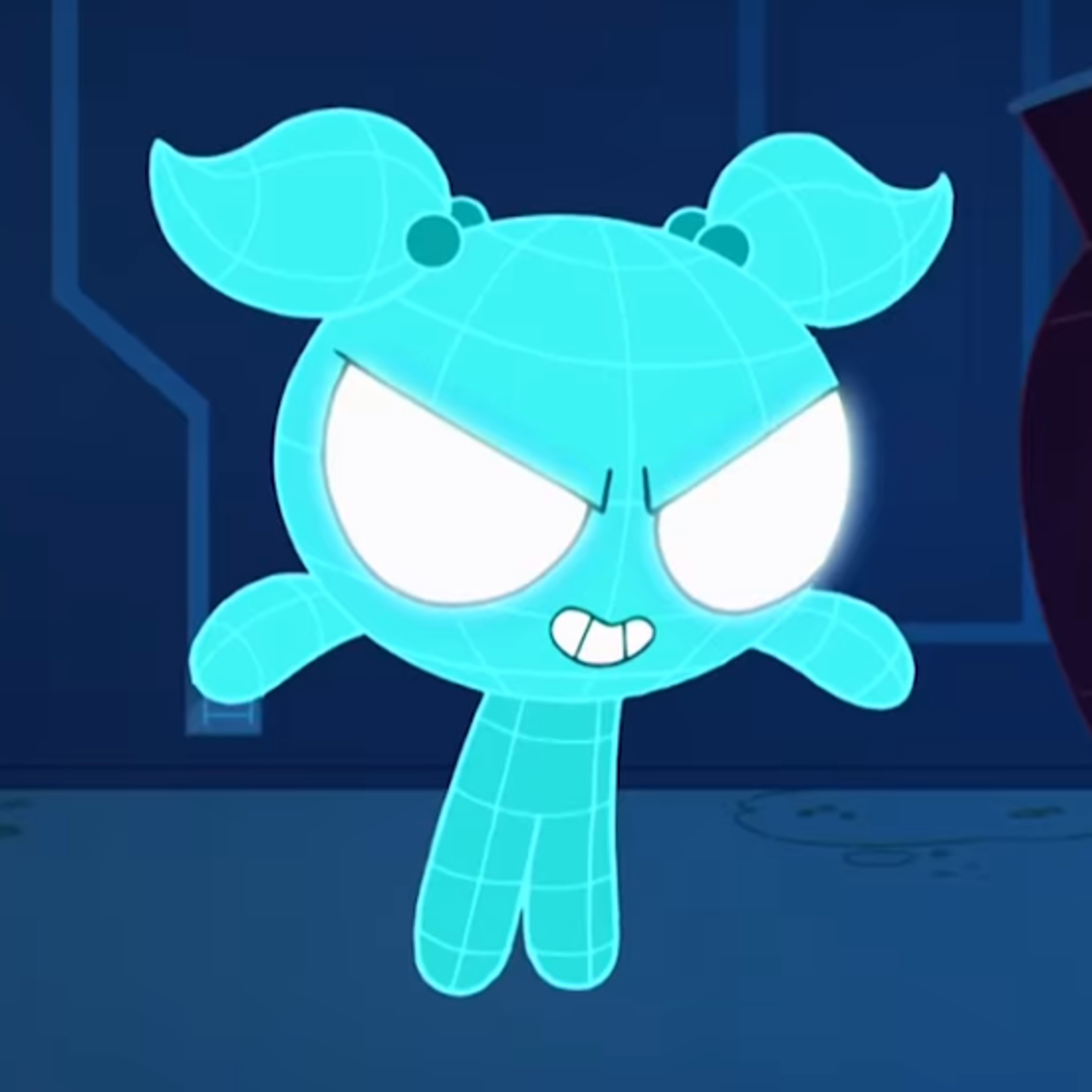 A cartoon character with turquoise fur or hair, large eyes, and a wide grin, designed to resemble the Powerpuff Girls character Bubbles.