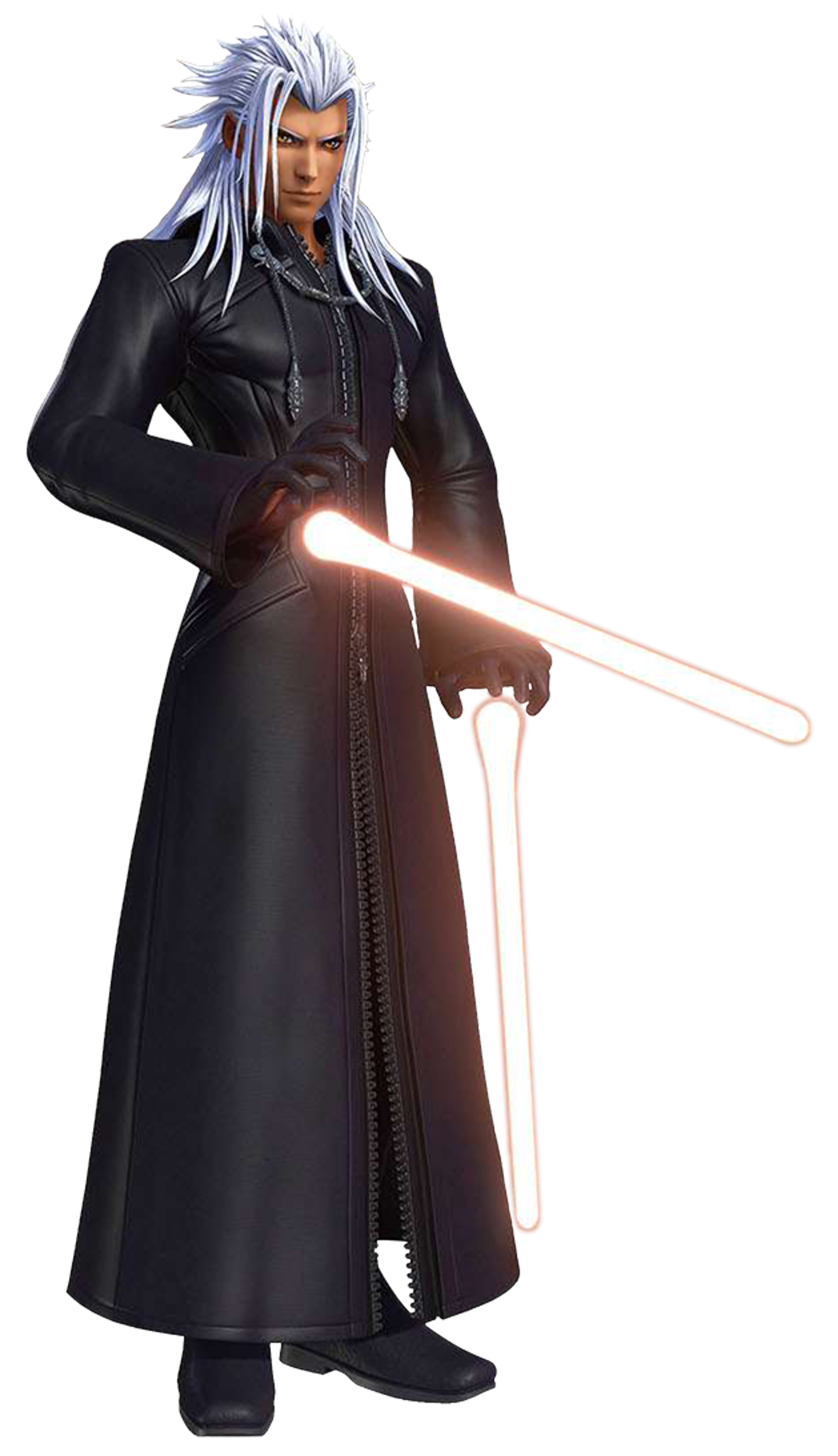 A tall, silver-haired man in a black coat wielding red energy blades