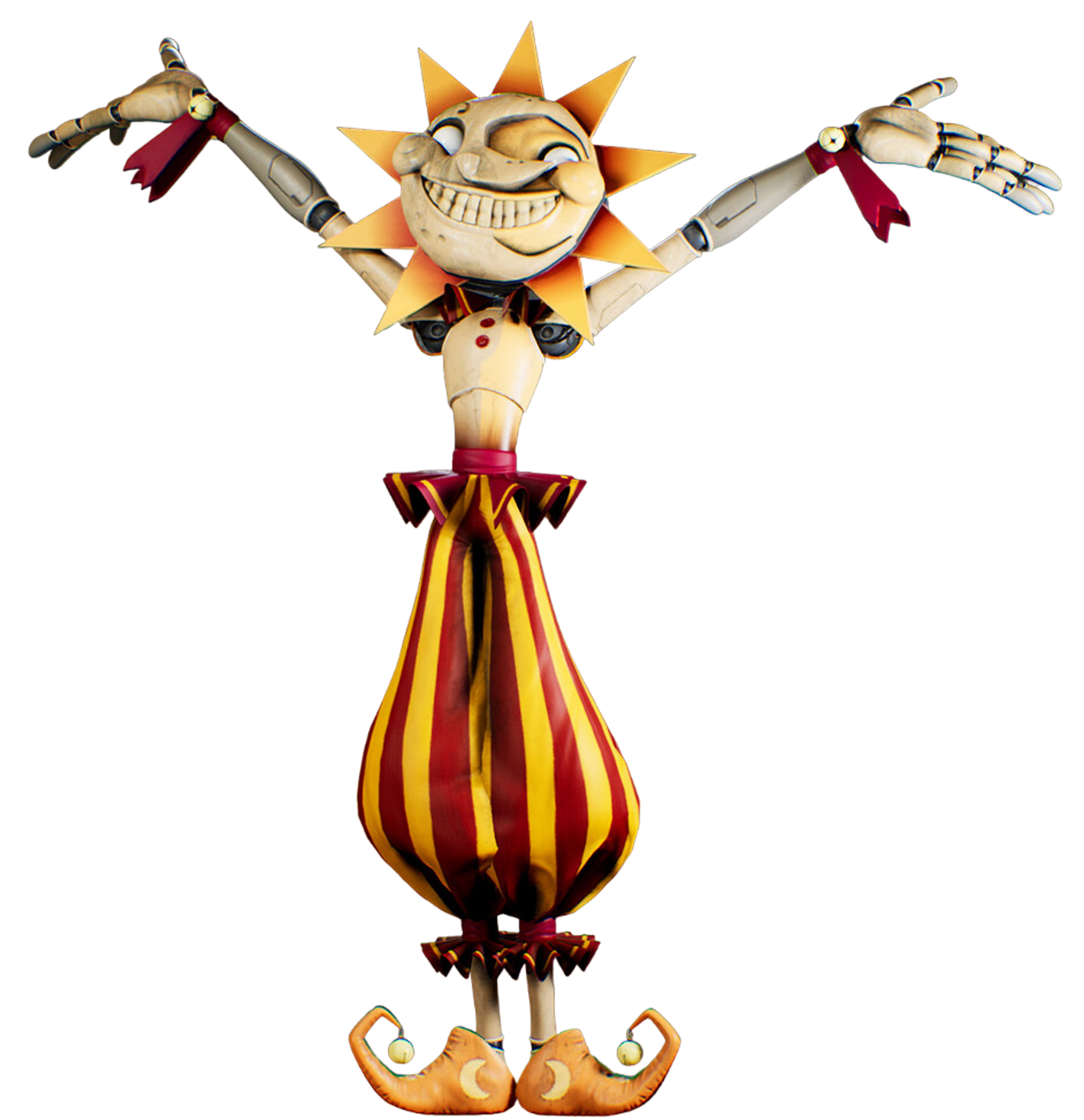 A detailed, cartoonish character with a sun-like head and a bright, exaggerated smile