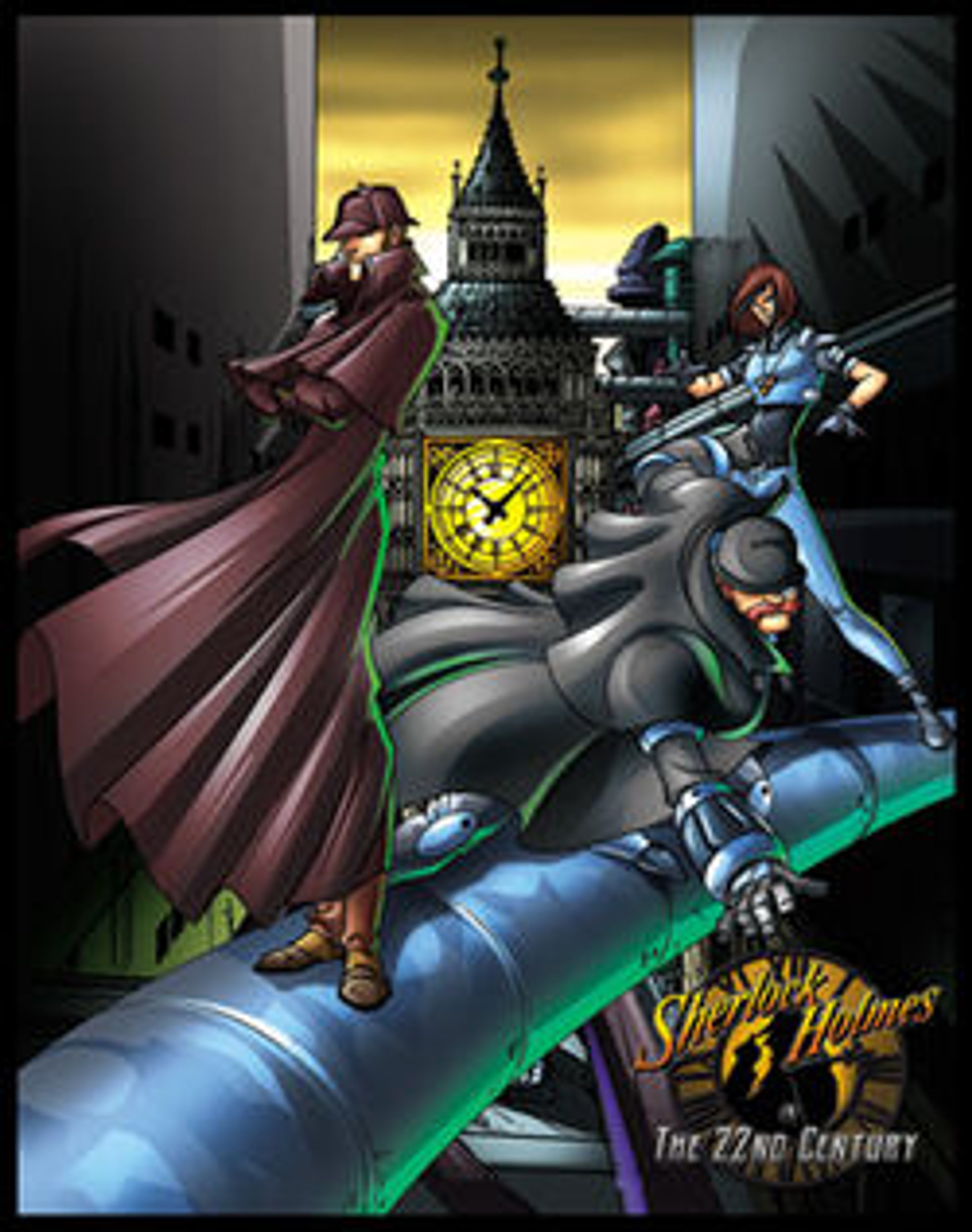 A futuristic illustration of the character Sherlock Holmes, wearing his iconic Victorian-era attire in a 22nd century setting.