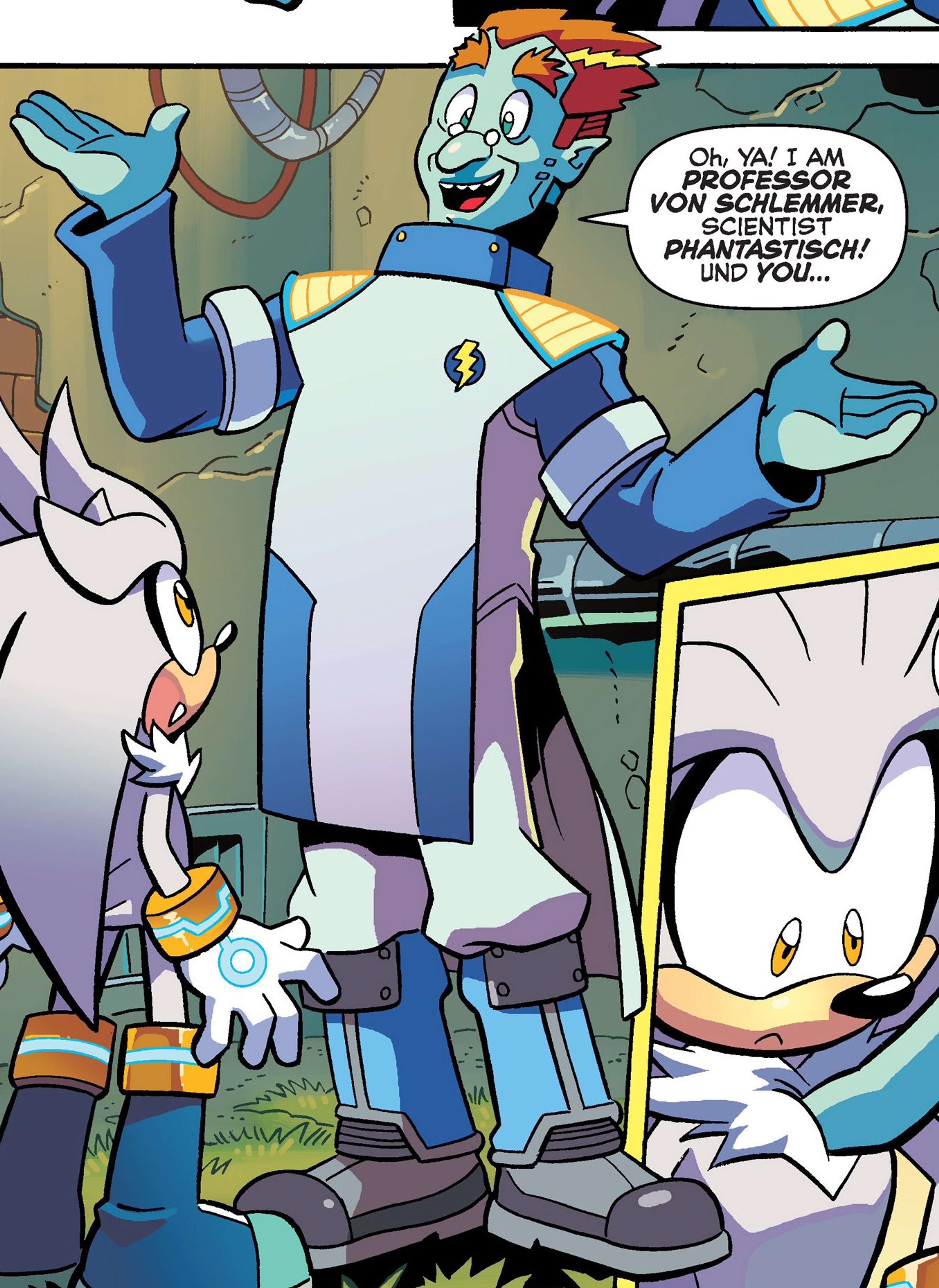 Turquoise-skinned cybernetic scientist in lab coat