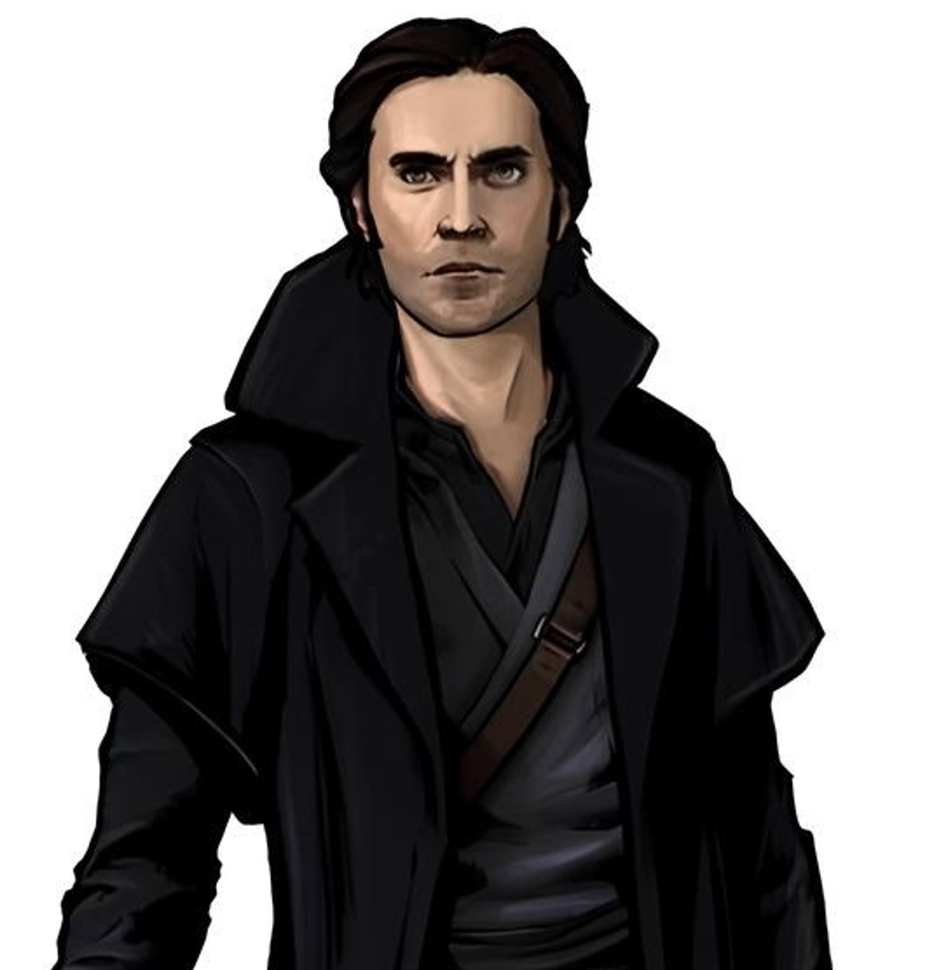 A male character in a black hooded cloak with a serious expression