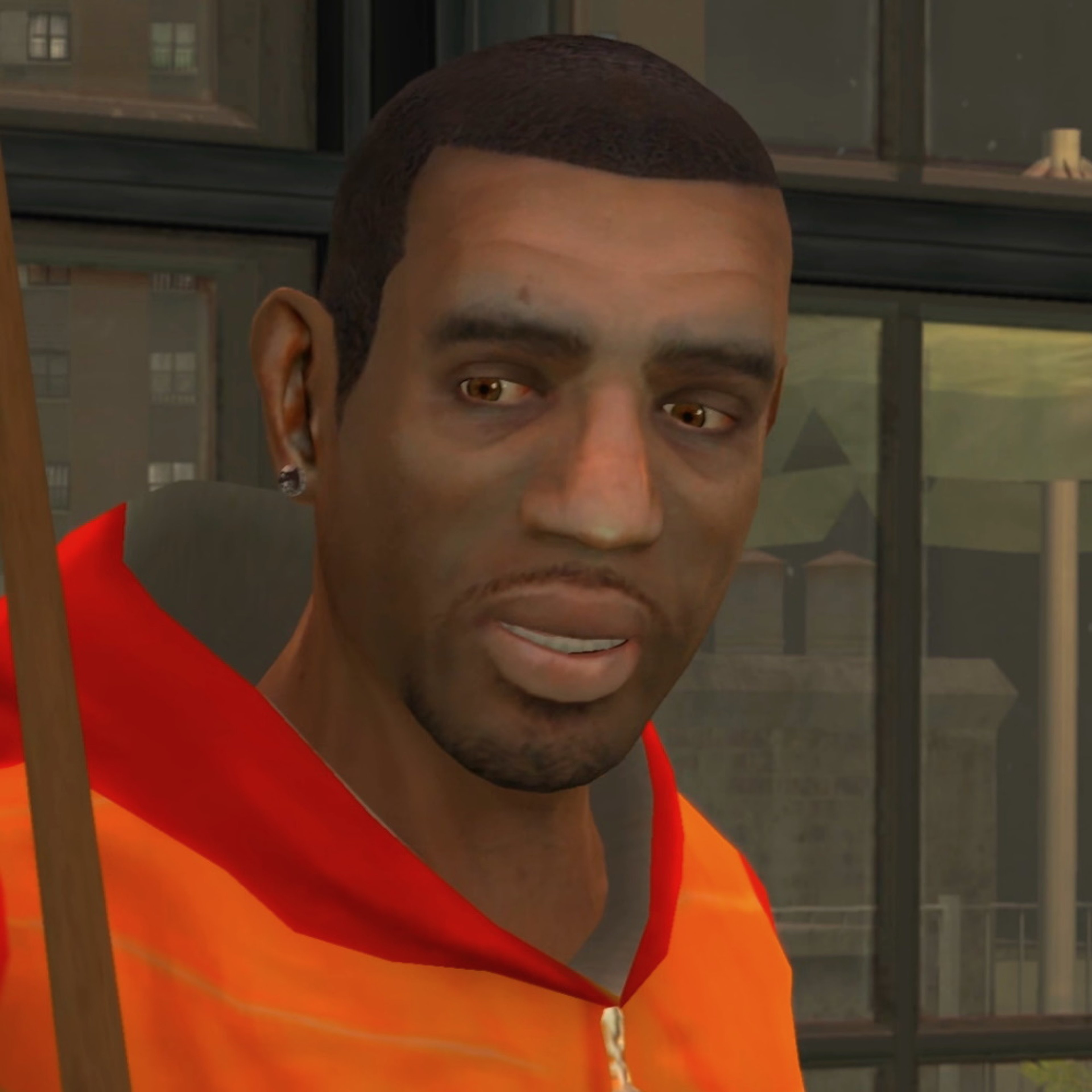 A Black male character wearing an orange prison jumpsuit