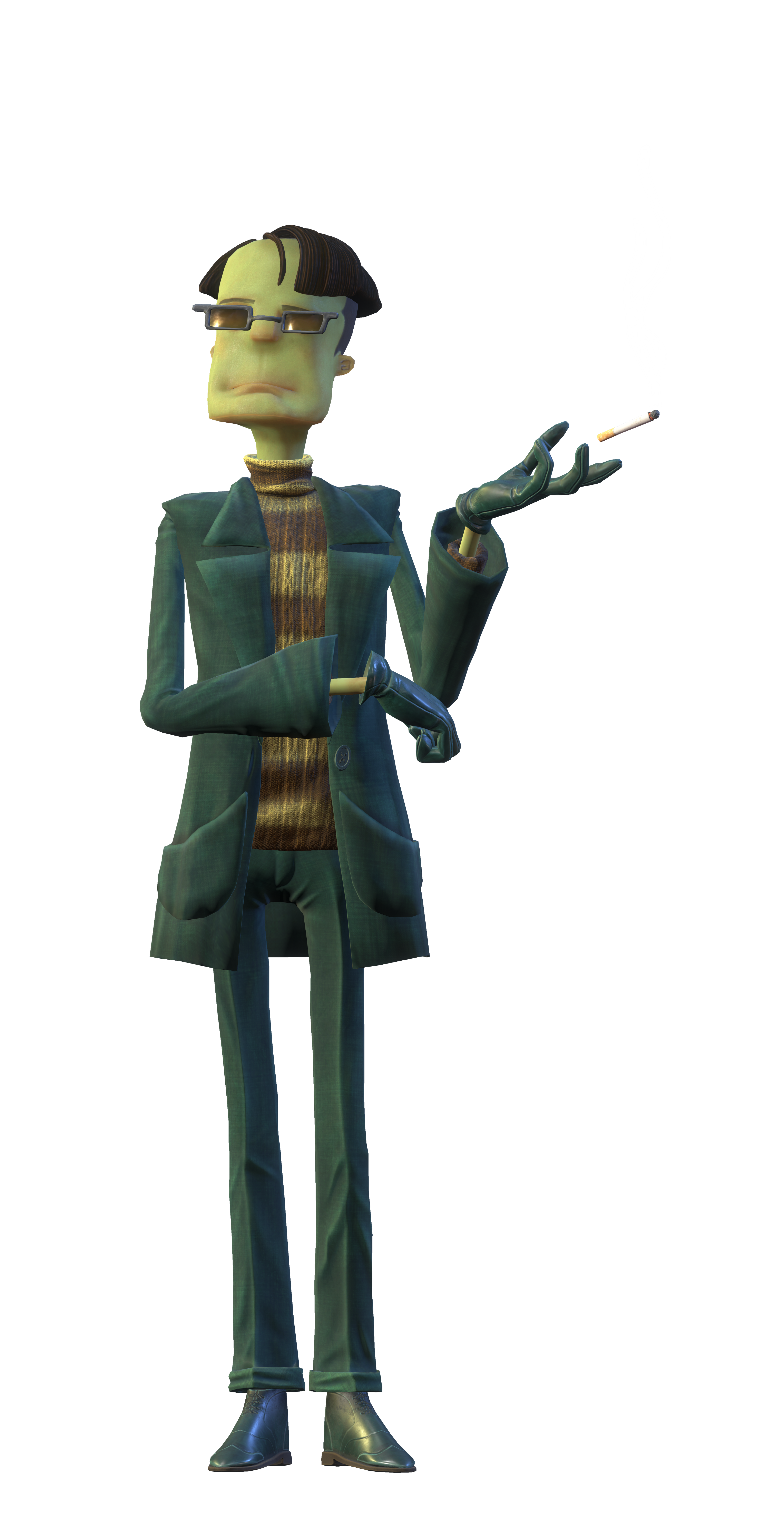 A 3D character model of a middle-aged man in a green jacket holding a cigarette