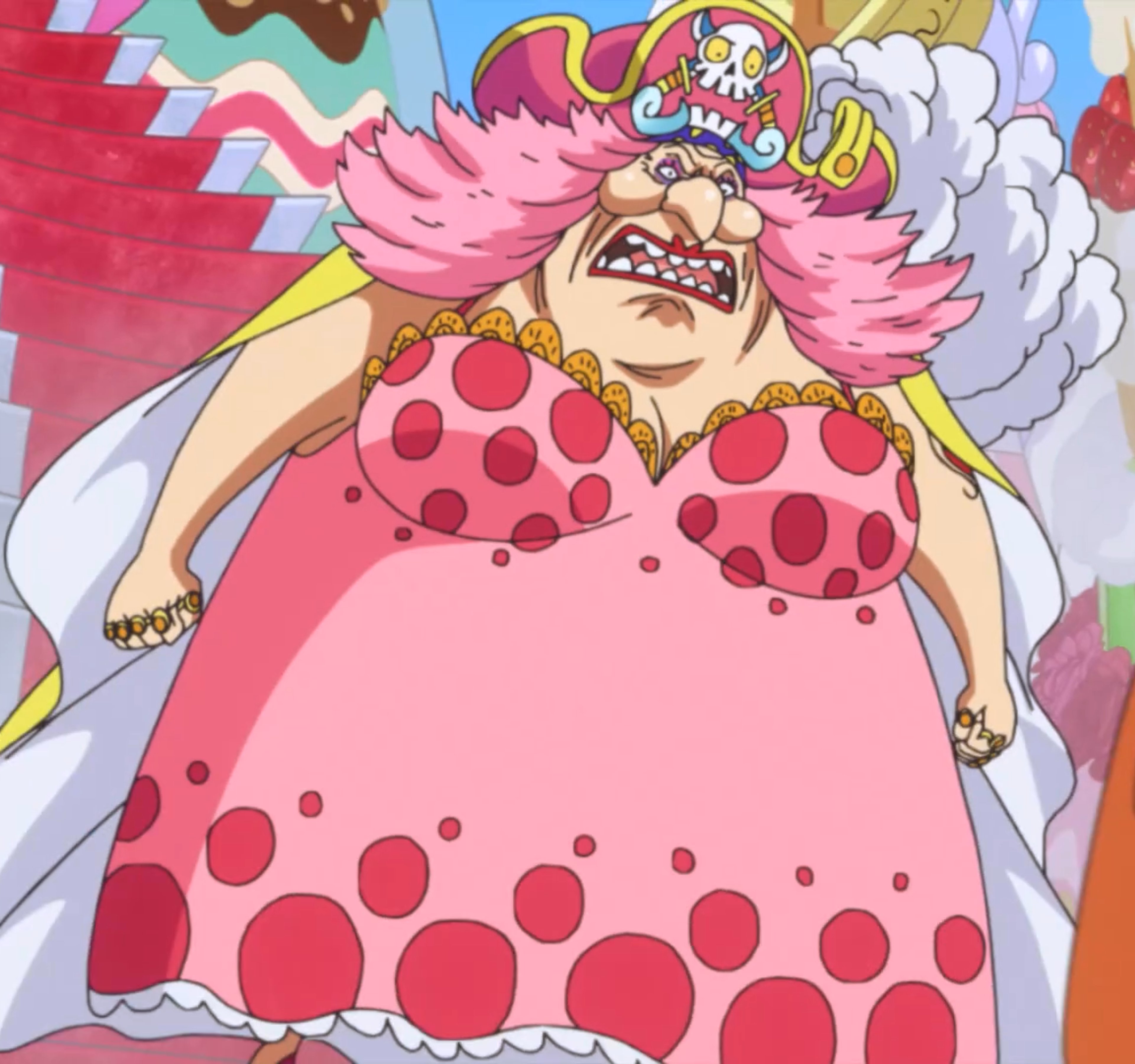 A large, intimidating woman with pink hair, orange eyes, and a wide mouth wearing a pink hat, dress, and cape