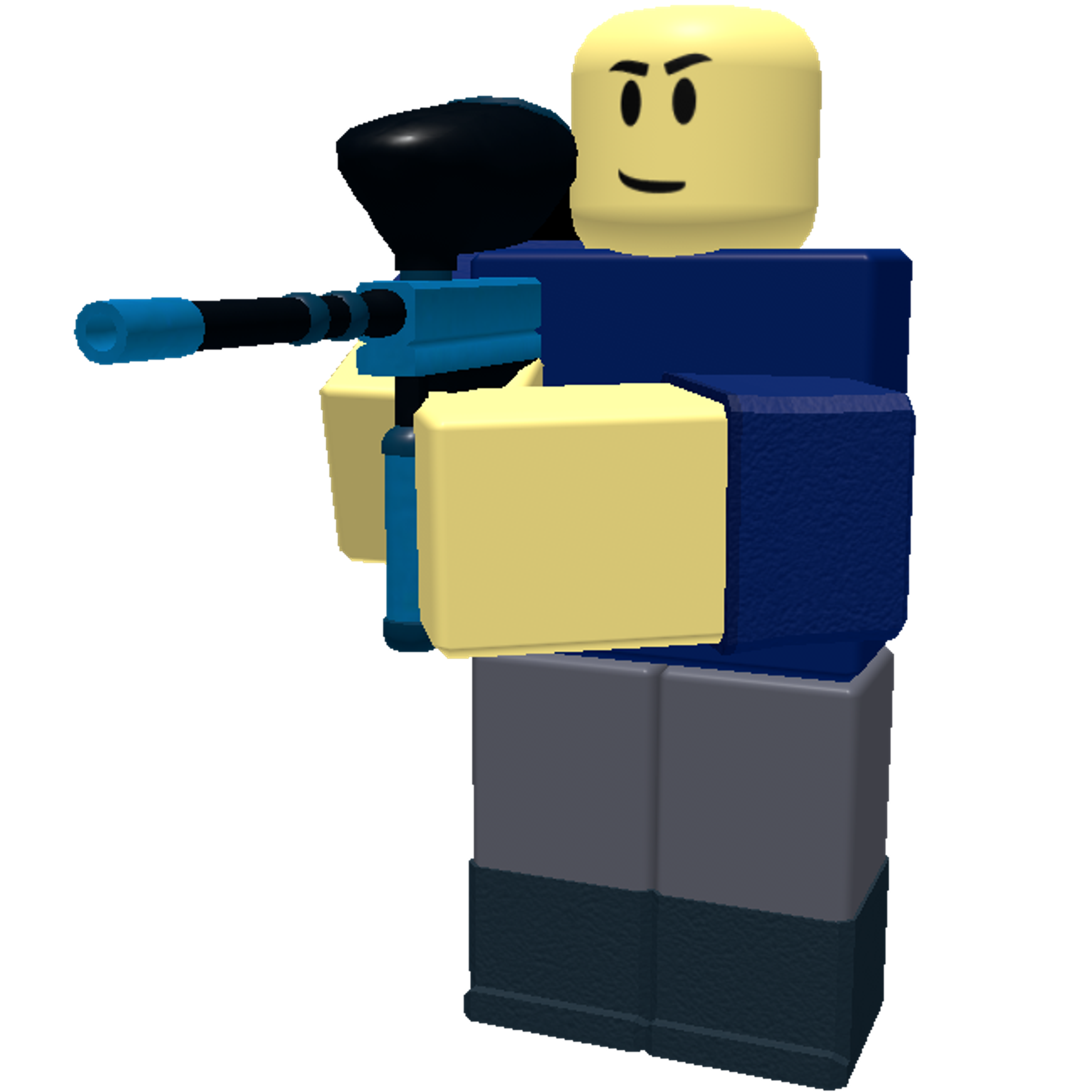 A Roblox-style character holding a paintball gun in a post-apocalyptic setting.