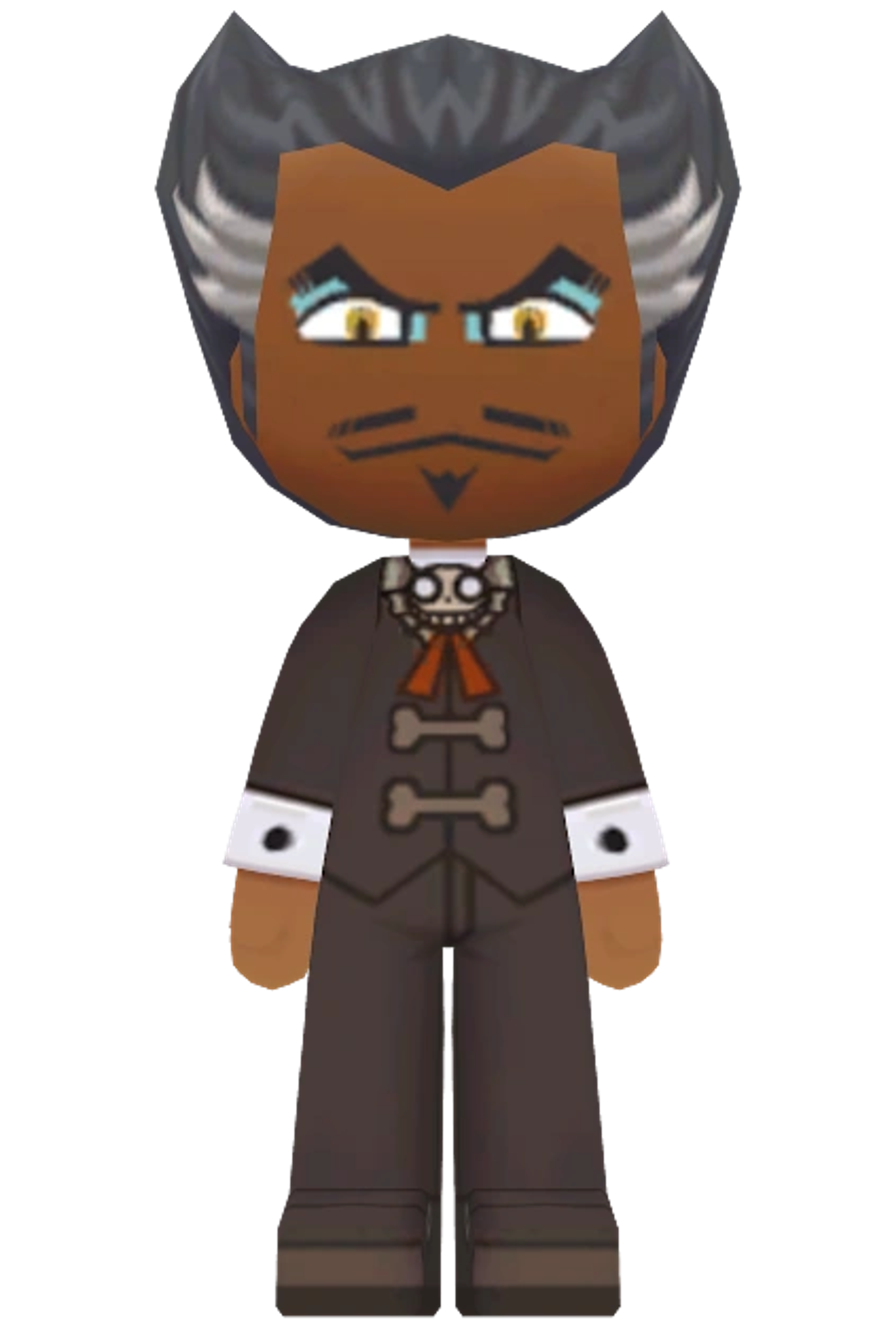 A cartoon character with slicked-back black hair, sharp facial features, and wearing a dark suit