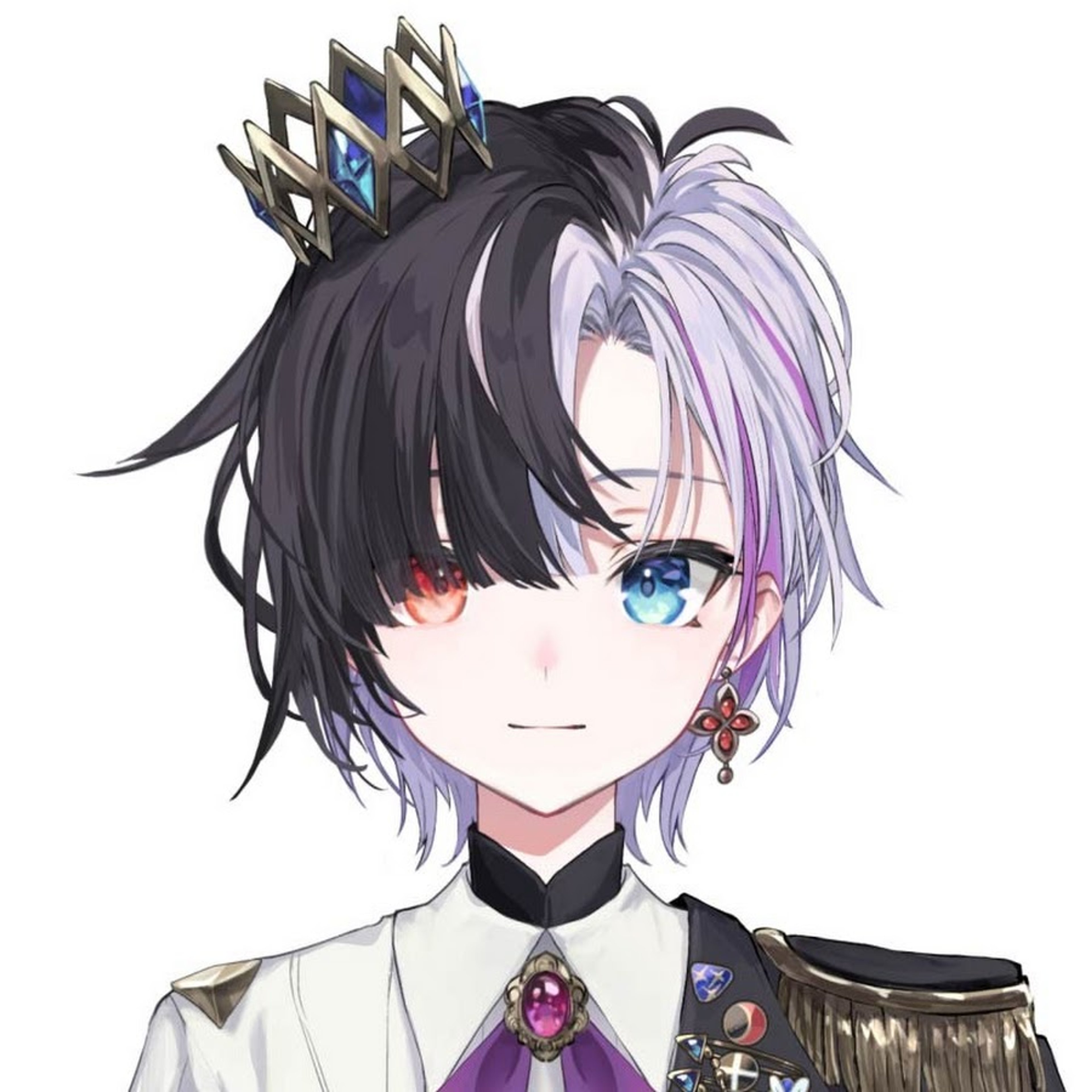 An anime-style character with long black hair and blue eyes, wearing a white shirt and black tie with a crown-like accessory on their head.