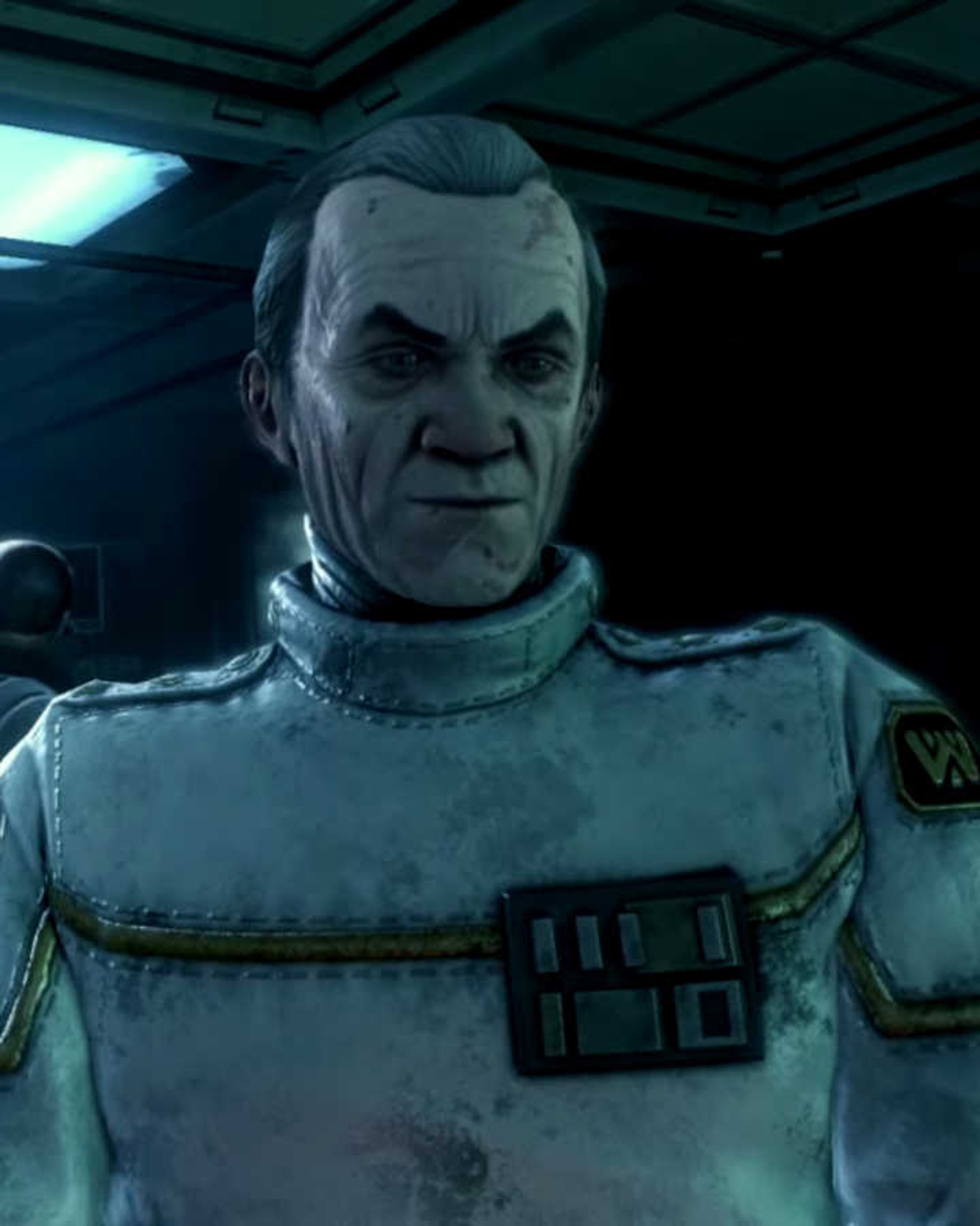 An older man in a lab coat with a stern, analytical expression