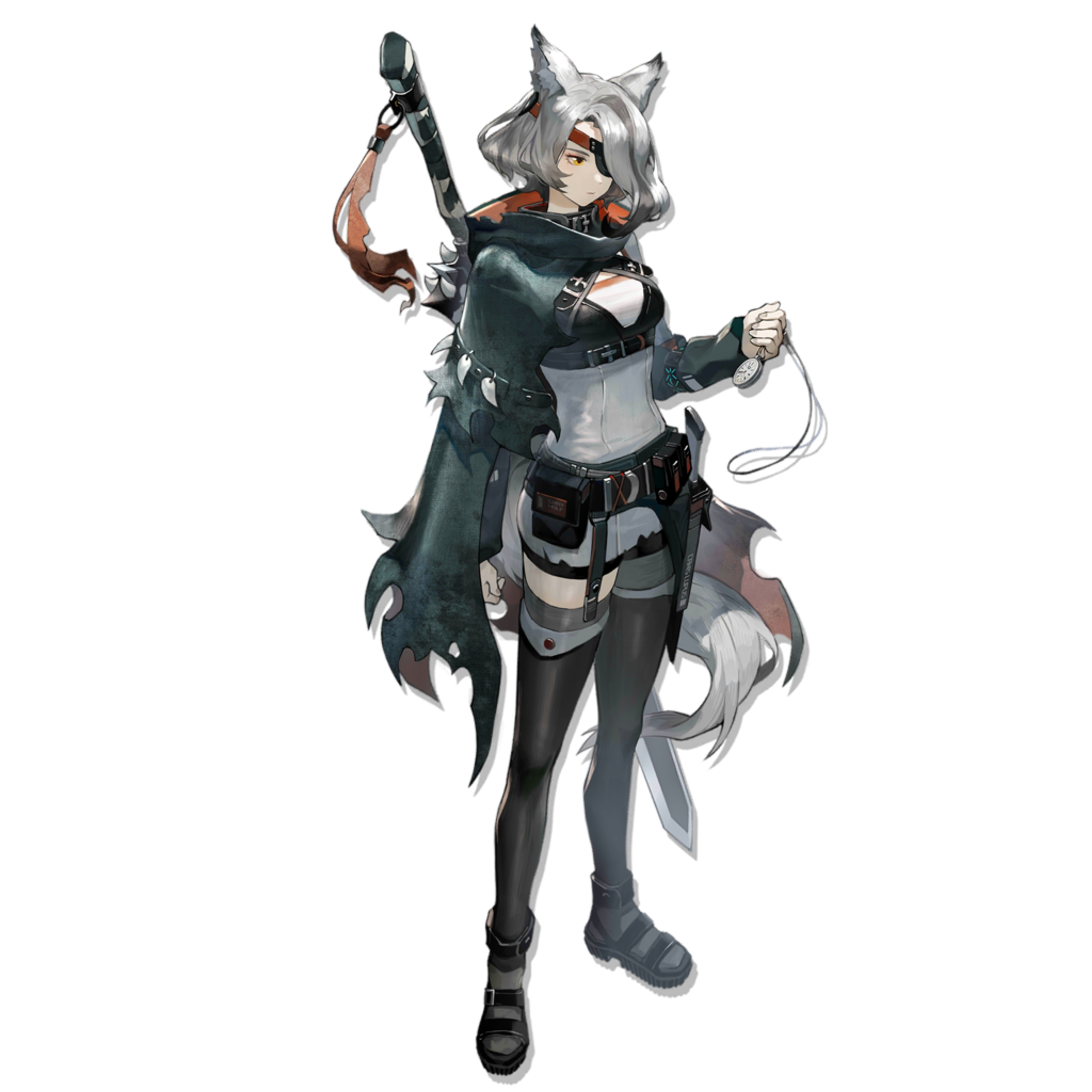 A female mercenary character with silver-white hair, blue eyes, and a muscular build, wearing a dark green military outfit and holding a large firearm.